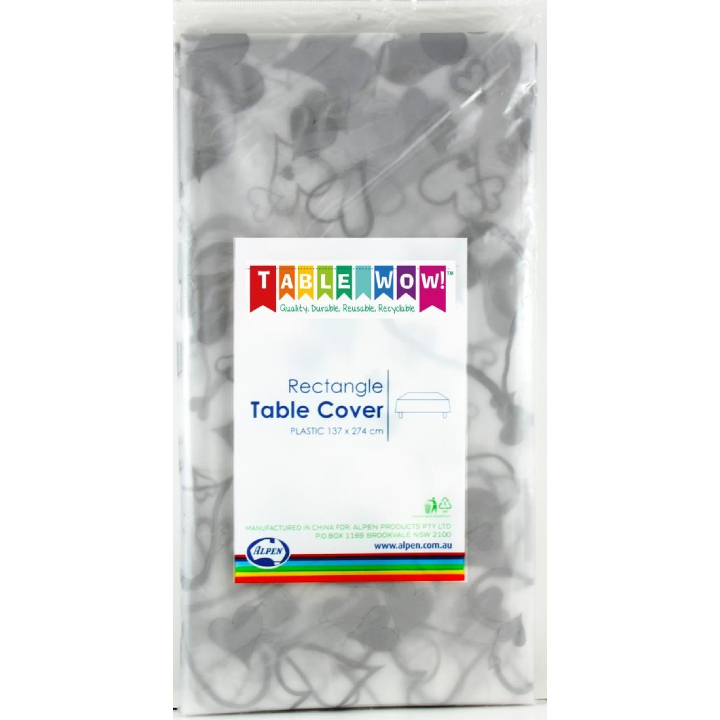 TableWow! Clear - Silver Hearts Printed Rect Tablecover