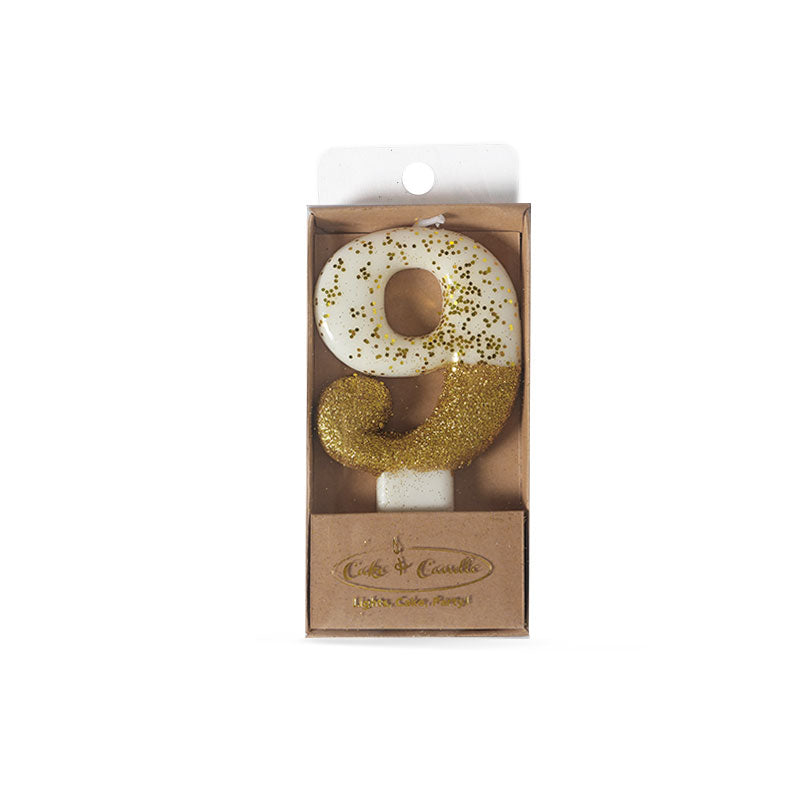 Cake & Candle Glitter Dipped Candle Number 9 Gold 8cm