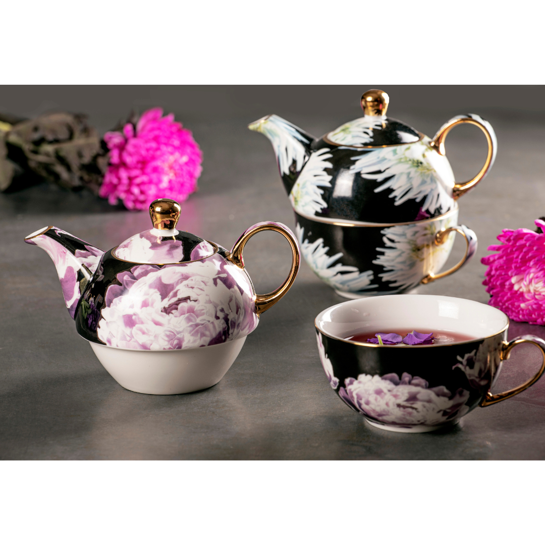 Ashdene Dark Florals White Dahlia Tea For One