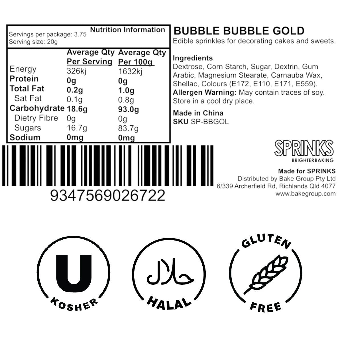Sprinks Bubble Bubble Sprinkles Gold 500g