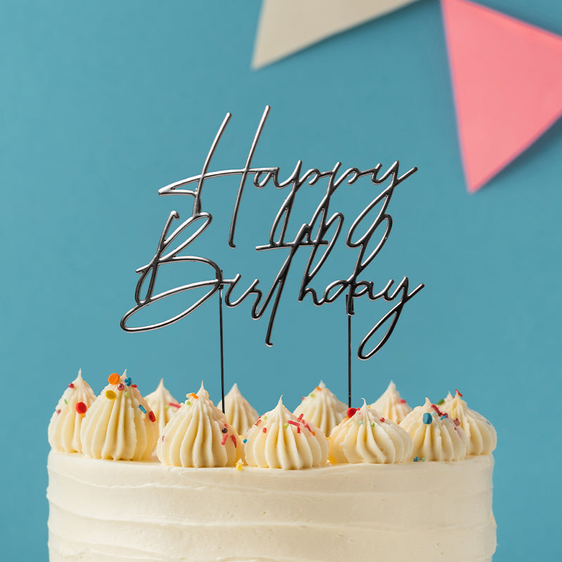 Cake & Candle Metal Cake Topper Happy Birthday 4 Silver