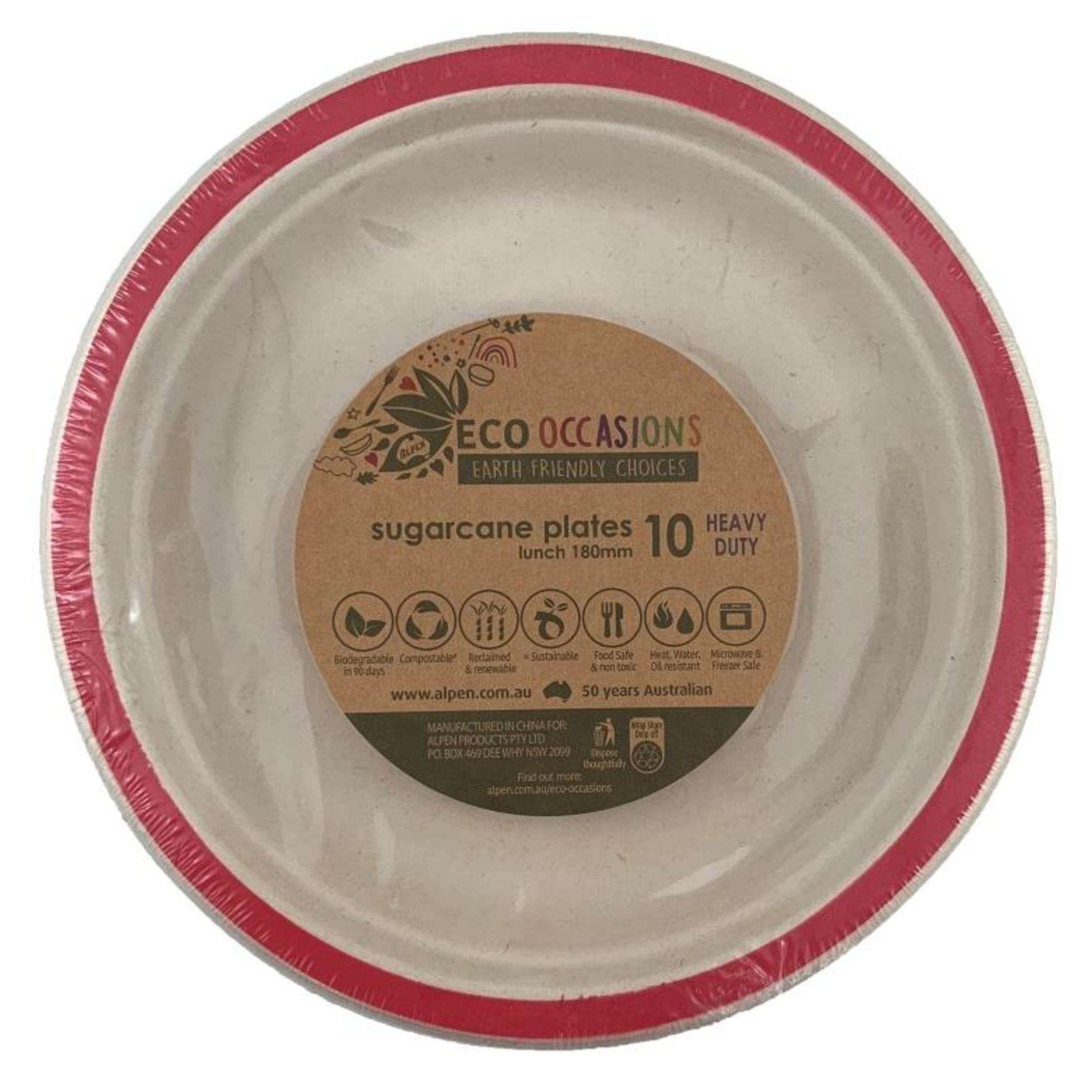 Eco Collection Sugarcane Lunch Plates 180mm Red (10 Pack)