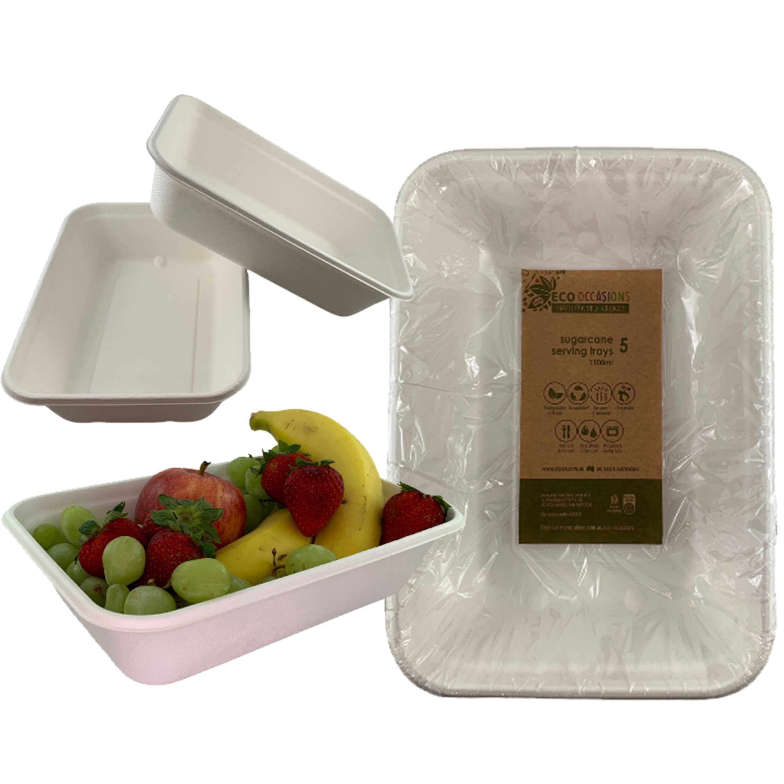 Eco Collection Sugarcane Serving Tray 1100ml White (245x170x60mm) (5 Pack)