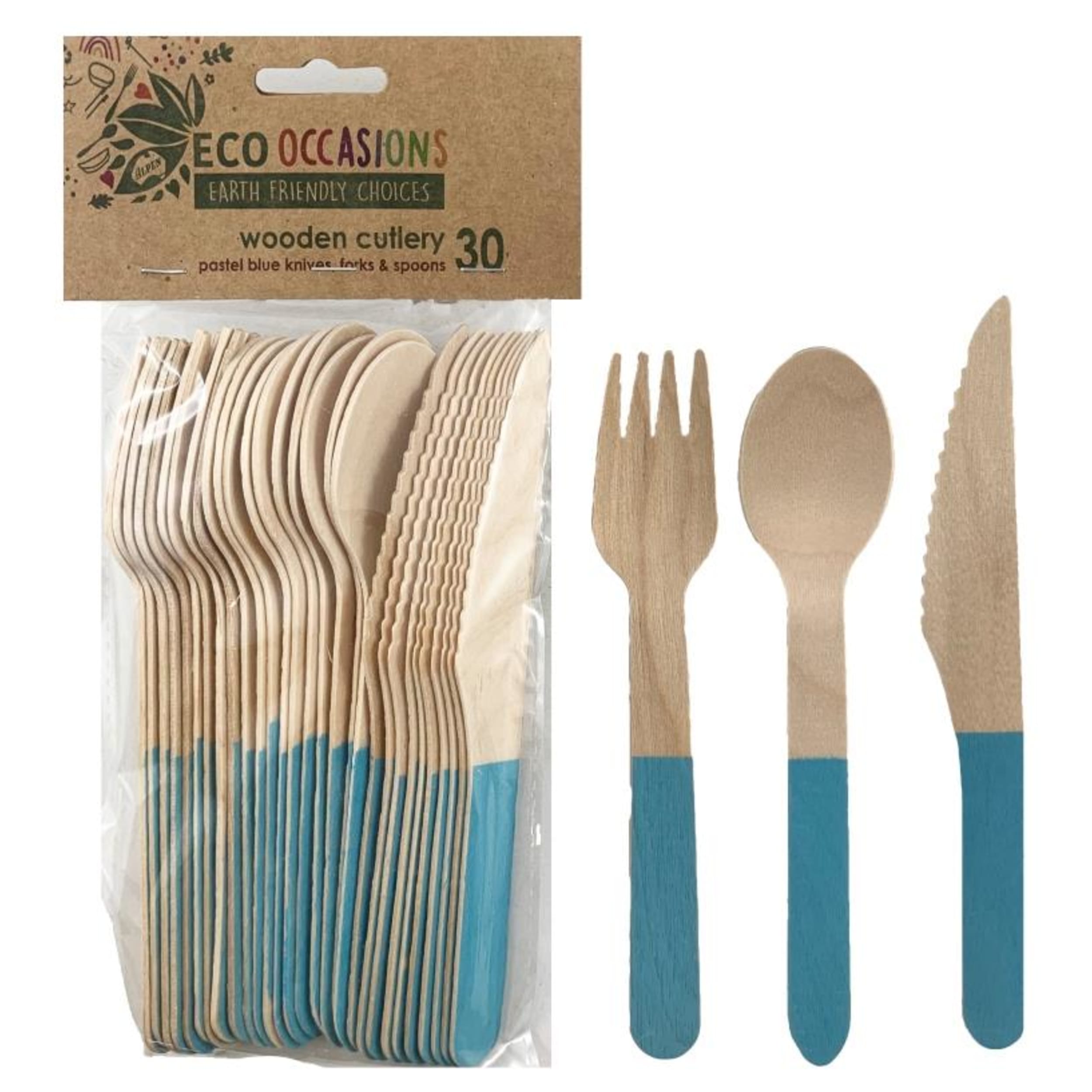 Eco Collection Wooden Cutlery Sets Light Blue (30 Pack)
