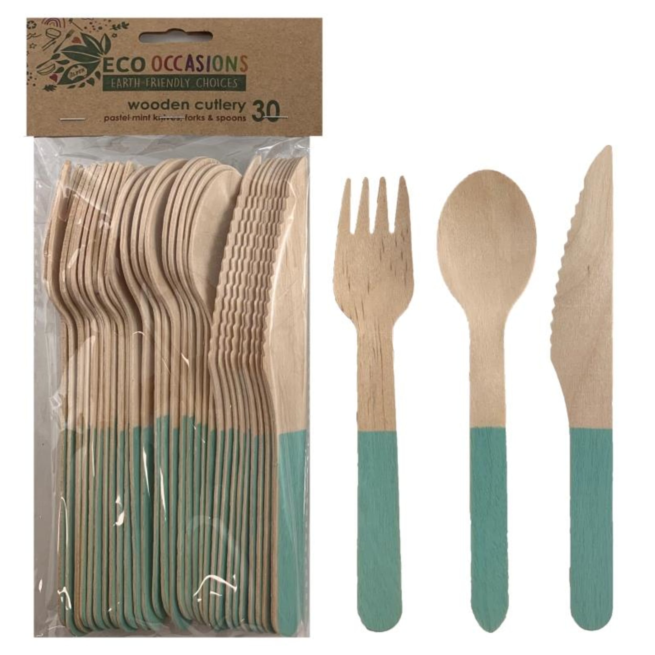 Eco Collection Wooden Cutlery Sets Mint (30 Pack)