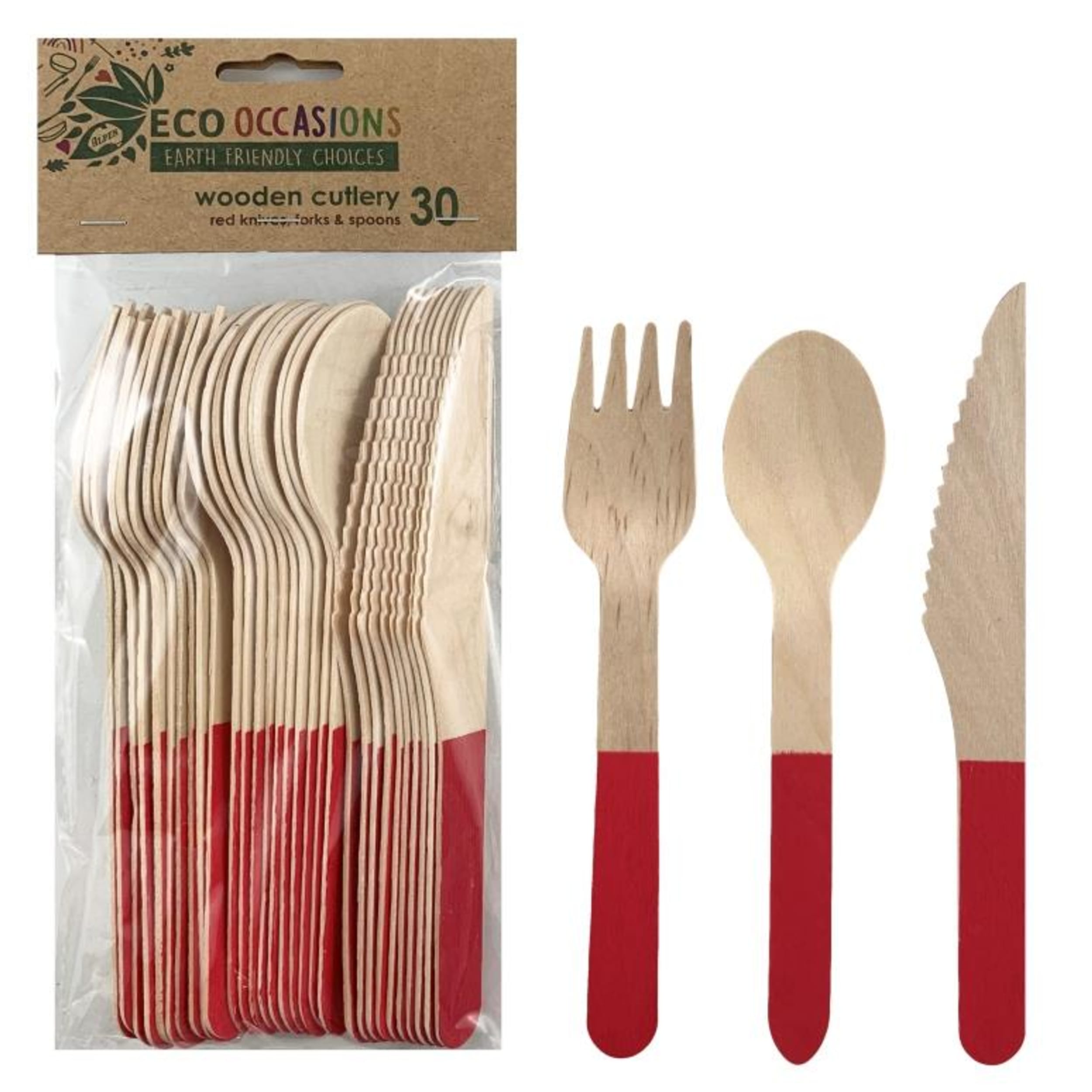 Eco Collection Wooden Cutlery Sets Red (30 Pack)