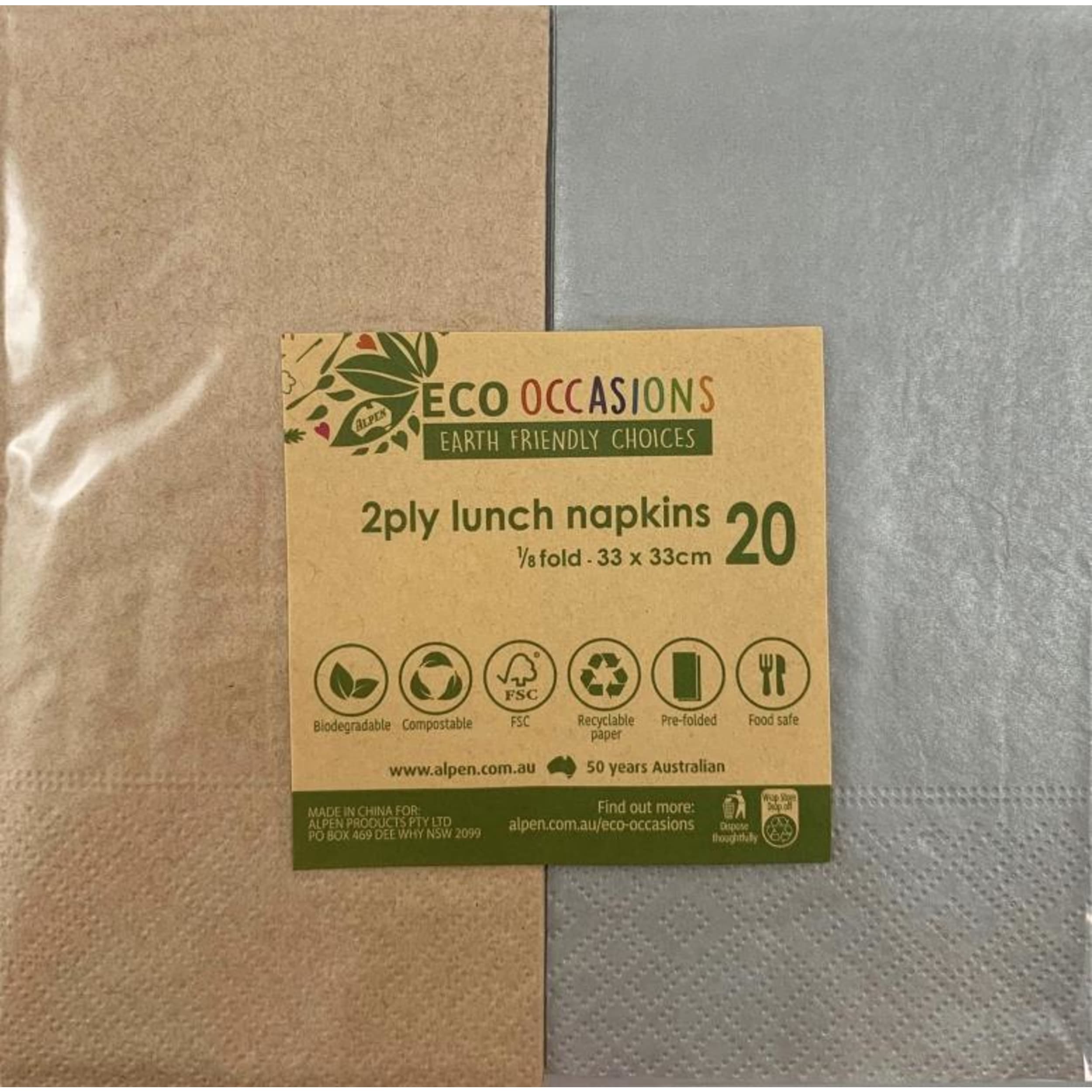 Catering Collection Napkins Lunch 1/8 fold Metallic Silver & Kraft (20 Pack)