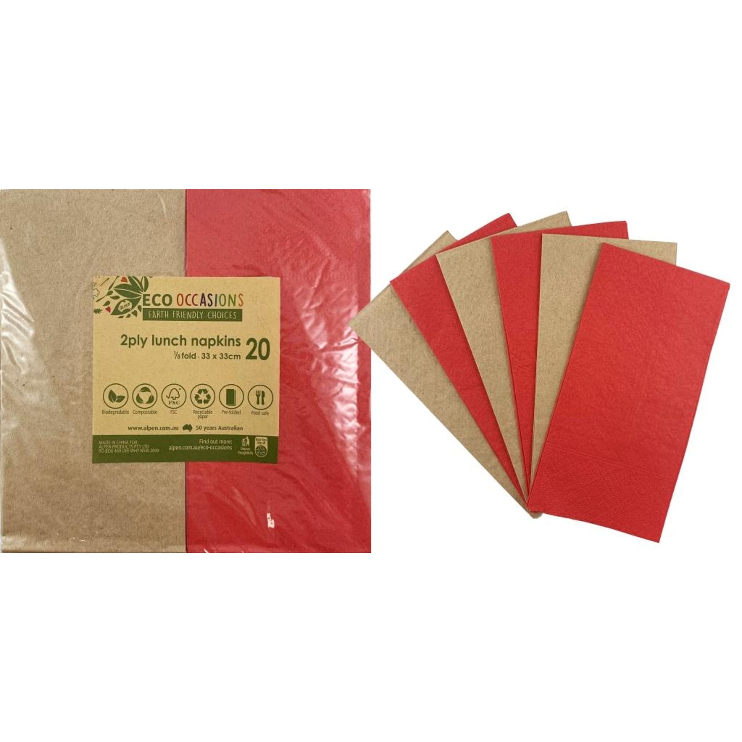 Catering Collection Napkins Lunch 1/8 fold Red & Kraft (20 Pack)