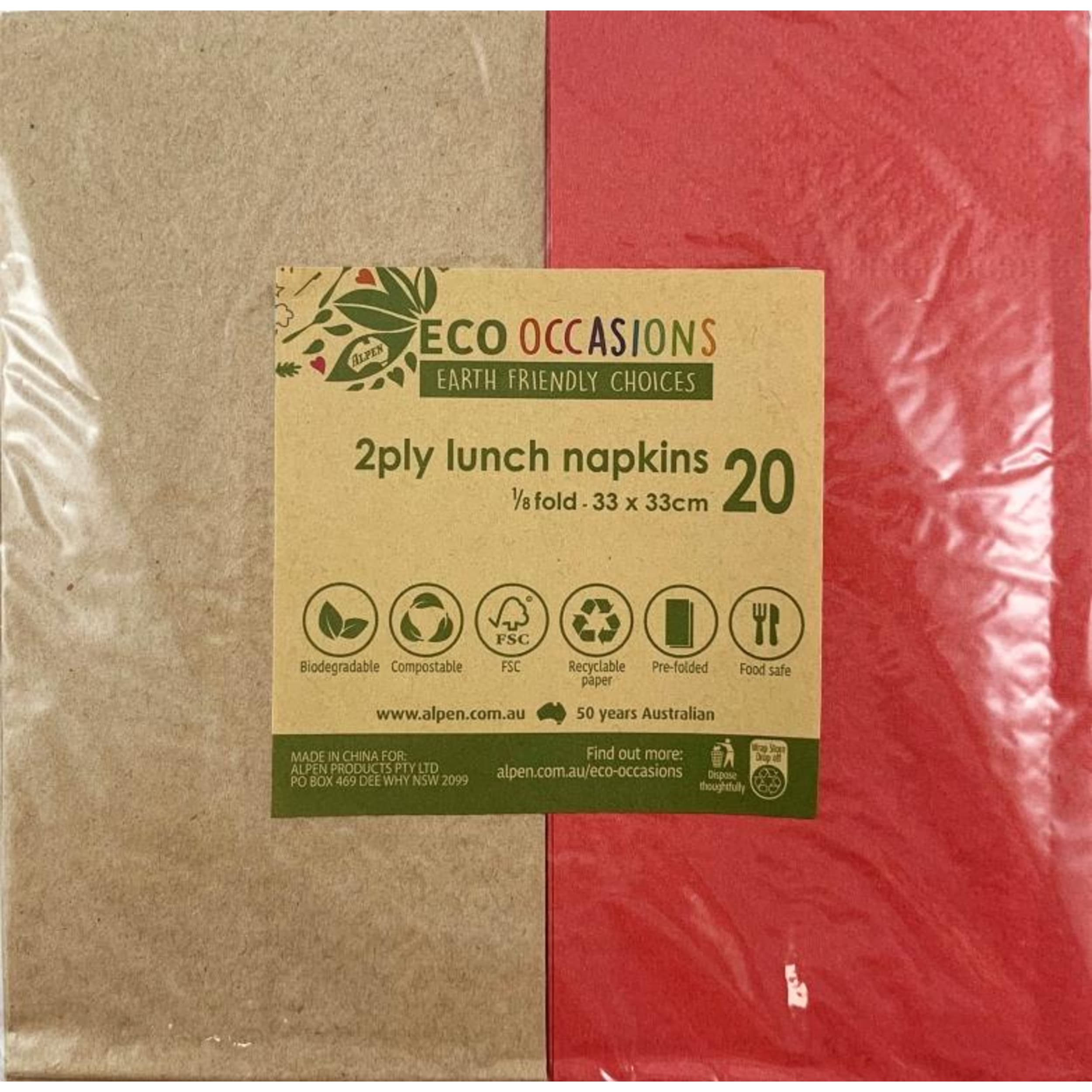 Catering Collection Napkins Lunch 1/8 fold Red & Kraft (20 Pack)