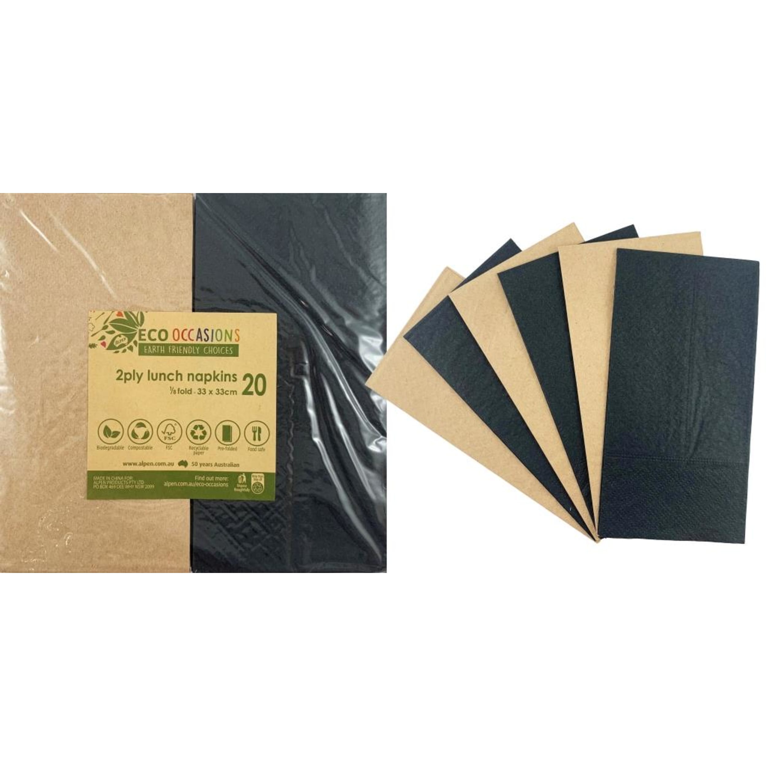 Catering Collection Napkins Lunch 1/8 fold Black & Kraft (20 Pack)