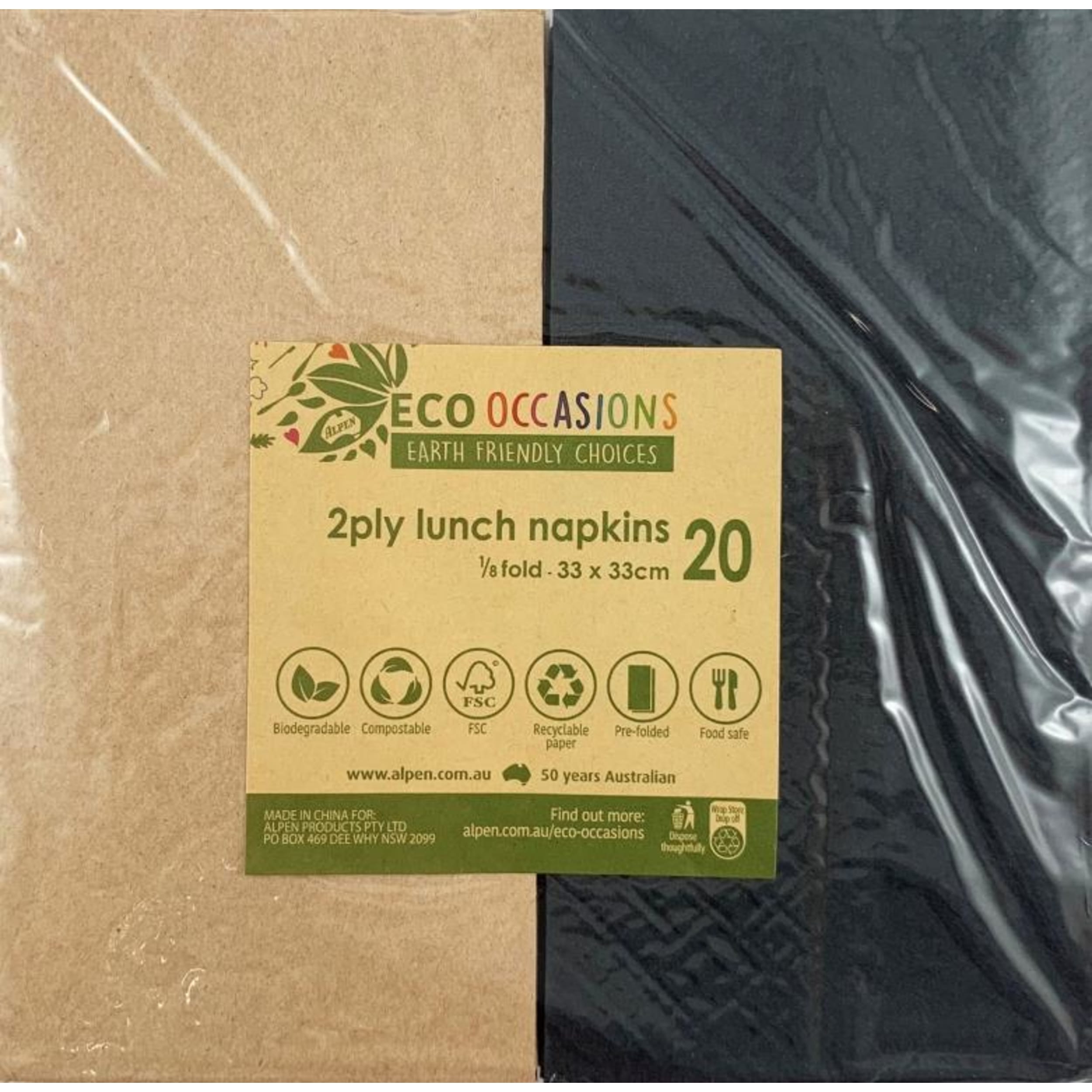 Catering Collection Napkins Lunch 1/8 fold Black & Kraft (20 Pack)