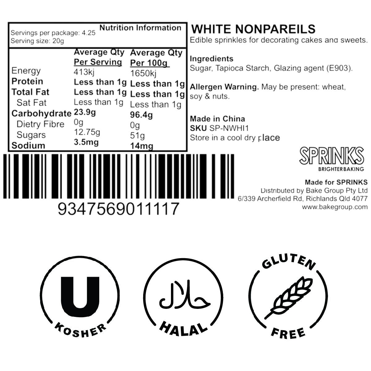 Sprinks Nonpareils White 500g