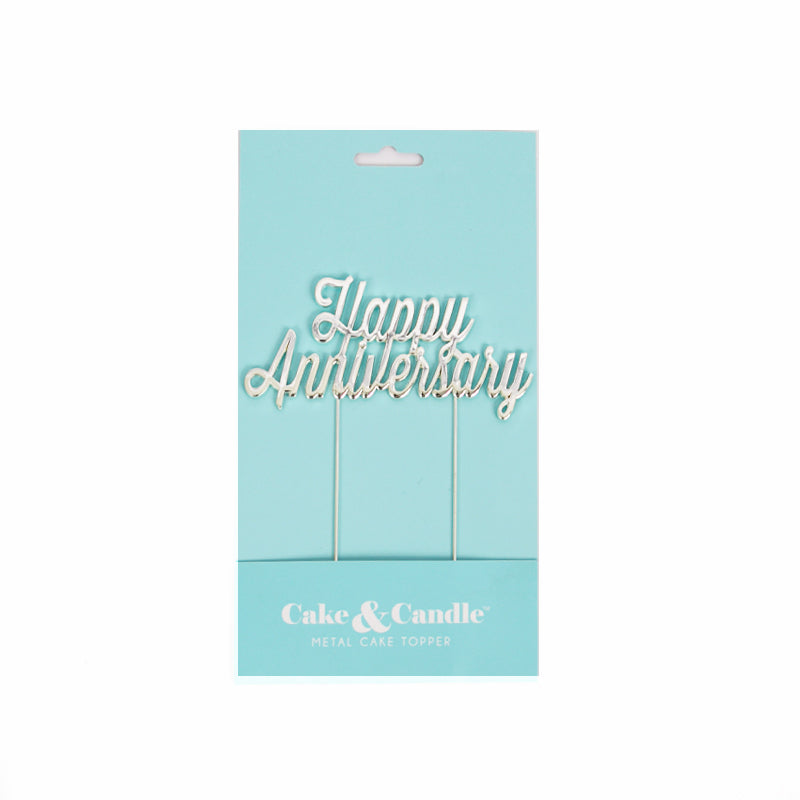 Cake & Candle Plated Cake Topper Happy Anniversary Silver