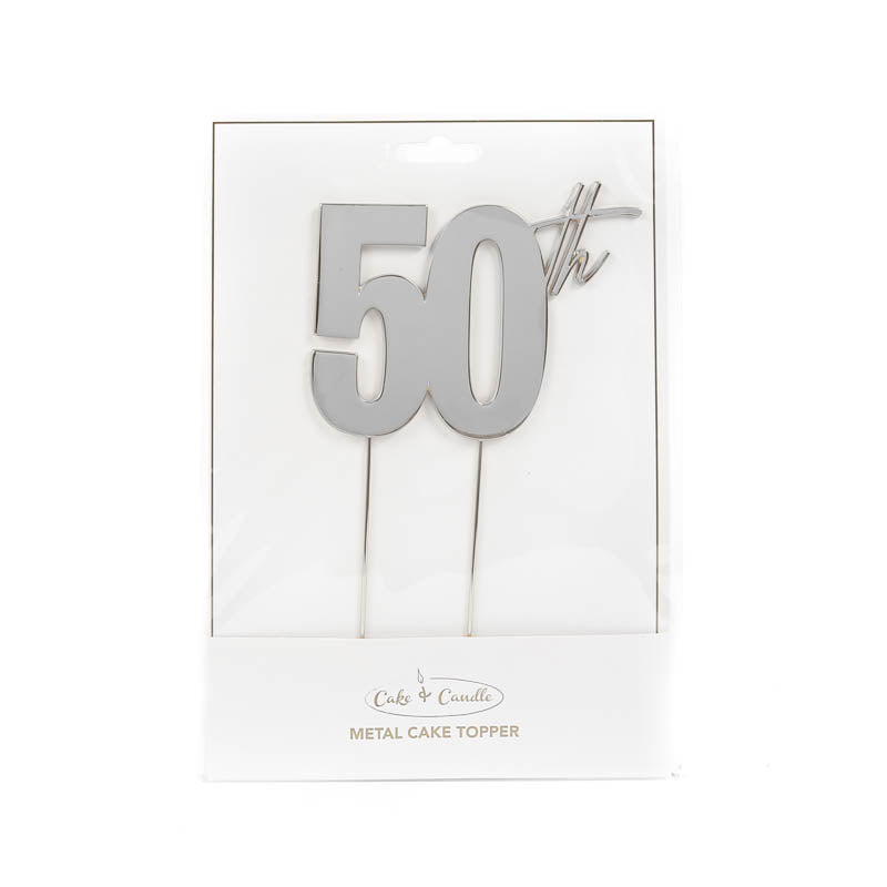 Cake & Candle Metal Cake Topper 50th Silver