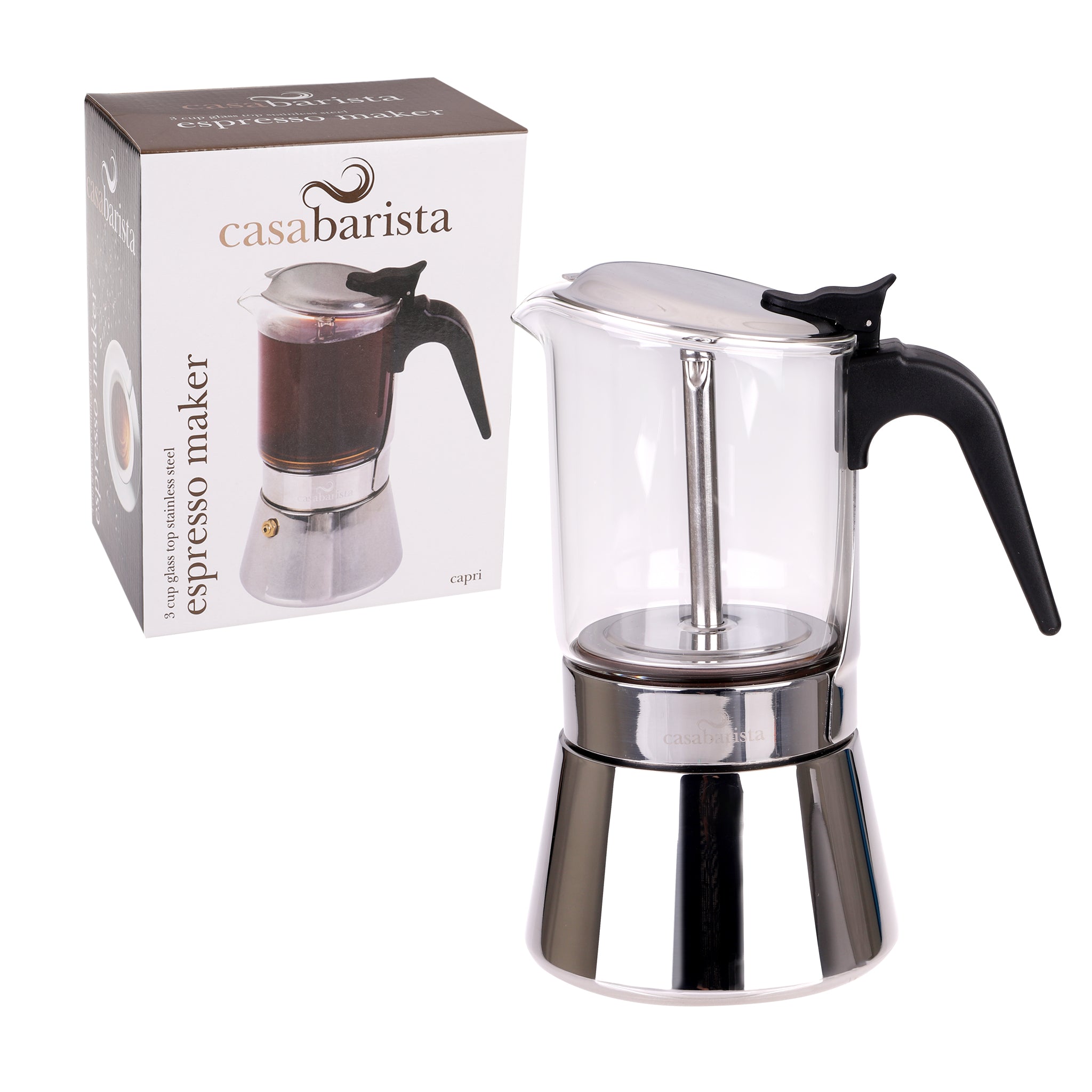 Casabarista Capri 3 Cup Glass Top Stainless Steel Espresso Maker