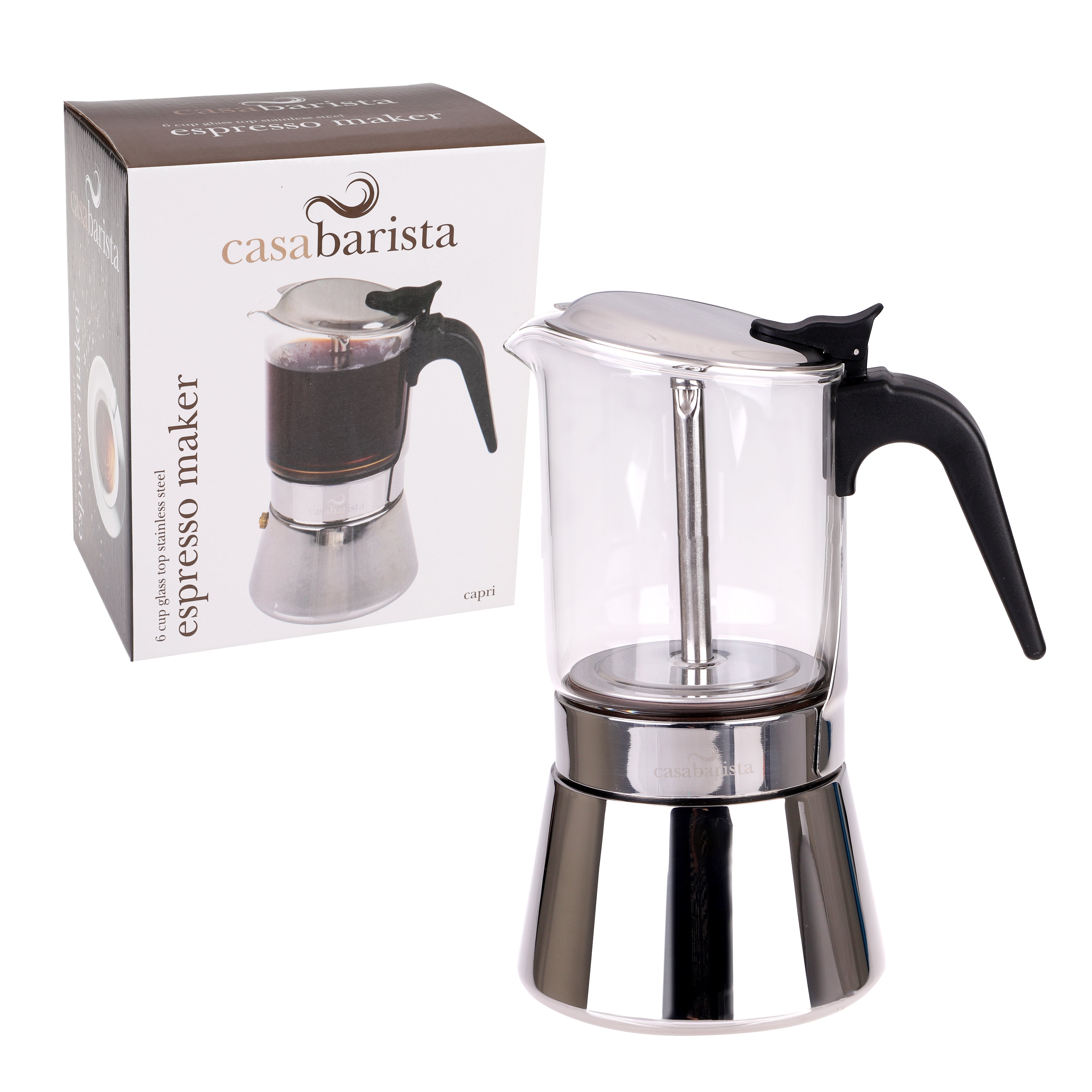 Casabarista Capri 6 Cup Glass Top Stainless Steel Espresso Maker