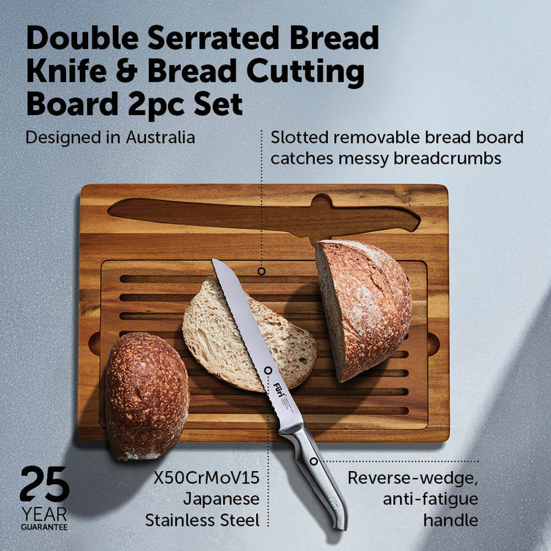 Furi Double Serrated Bread Knife & Bread Cutting Board Set