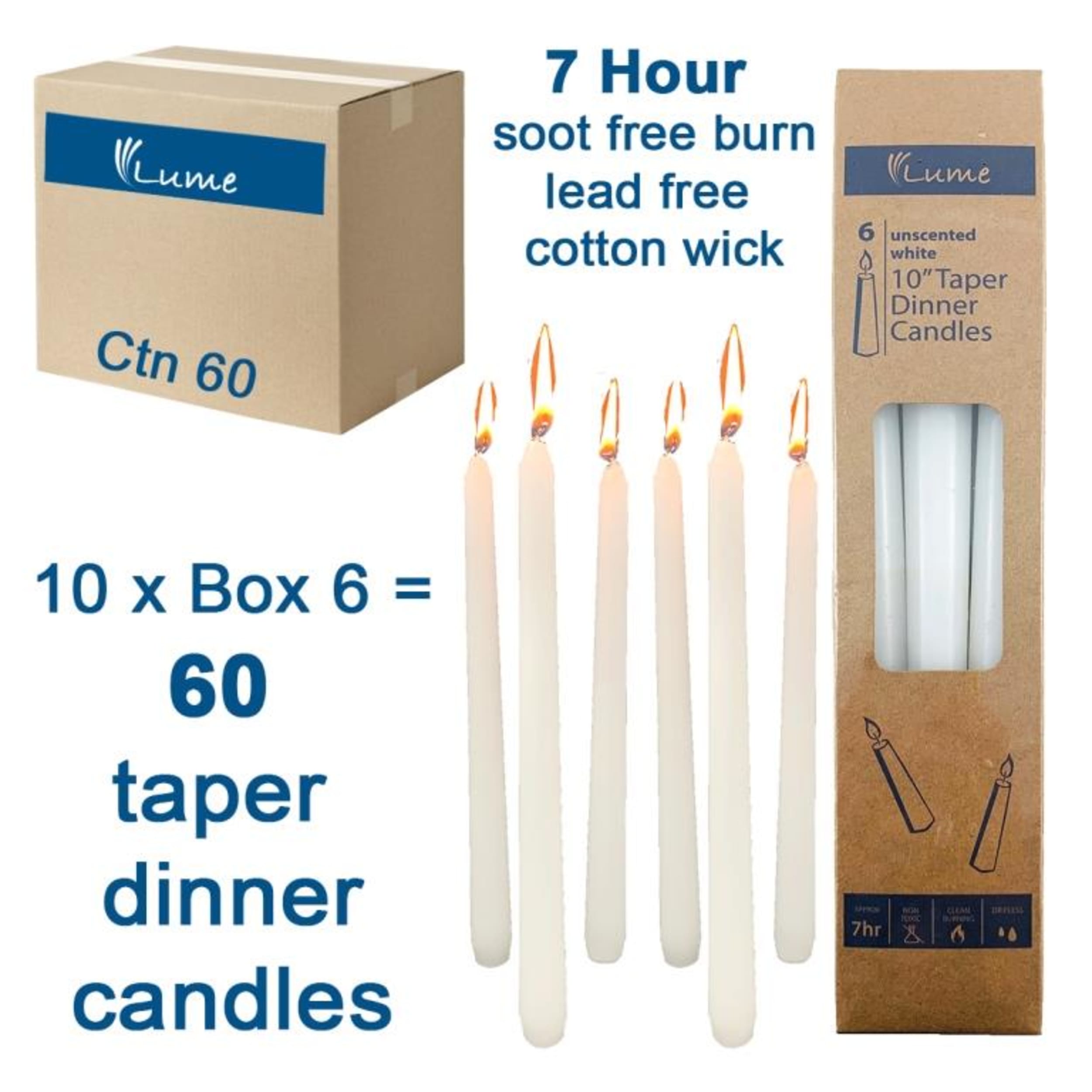 Lume Taper Dinner Candles White 250x20mm (6 Pack)