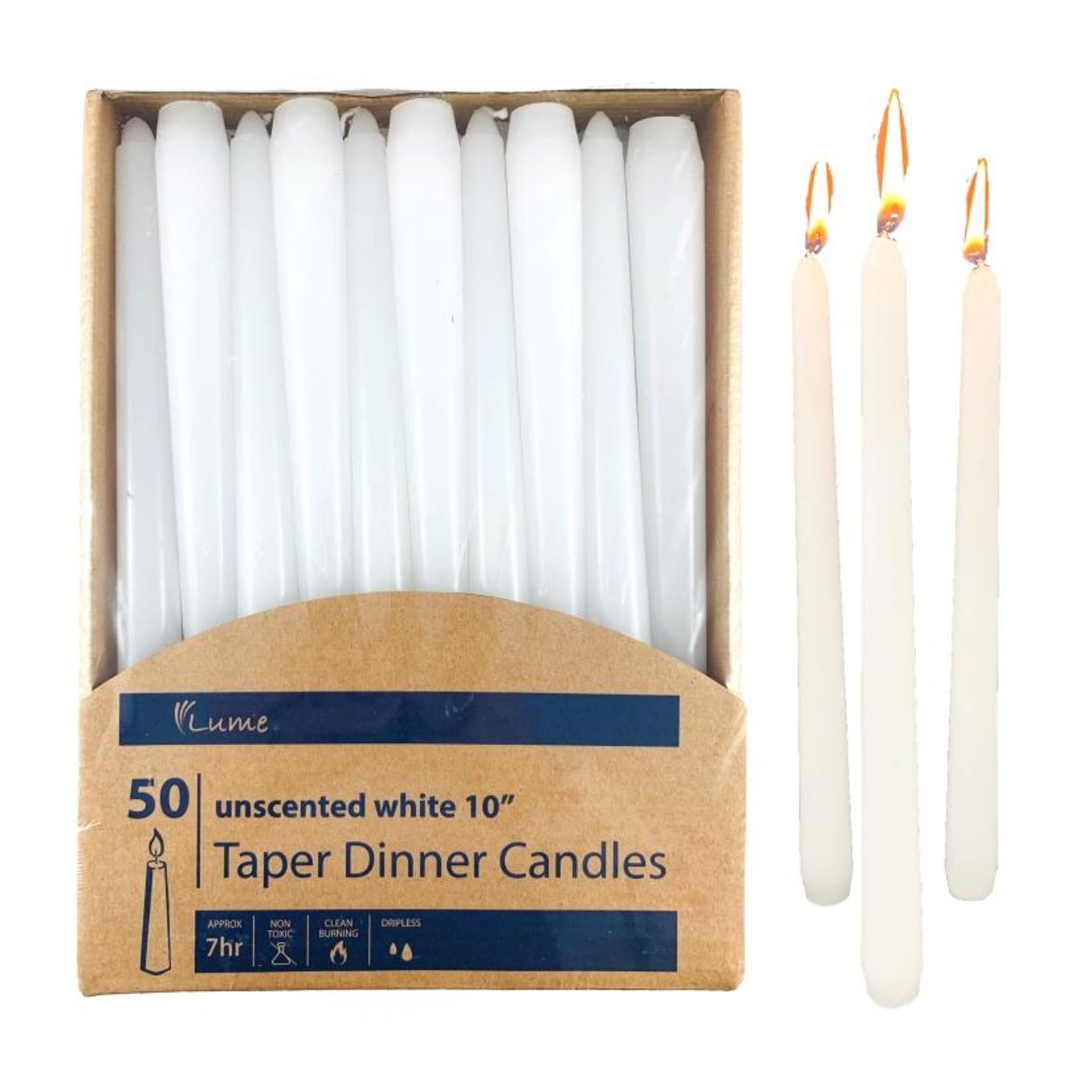 Lume Taper Dinner Candles White 250x20mm (50 Pack)