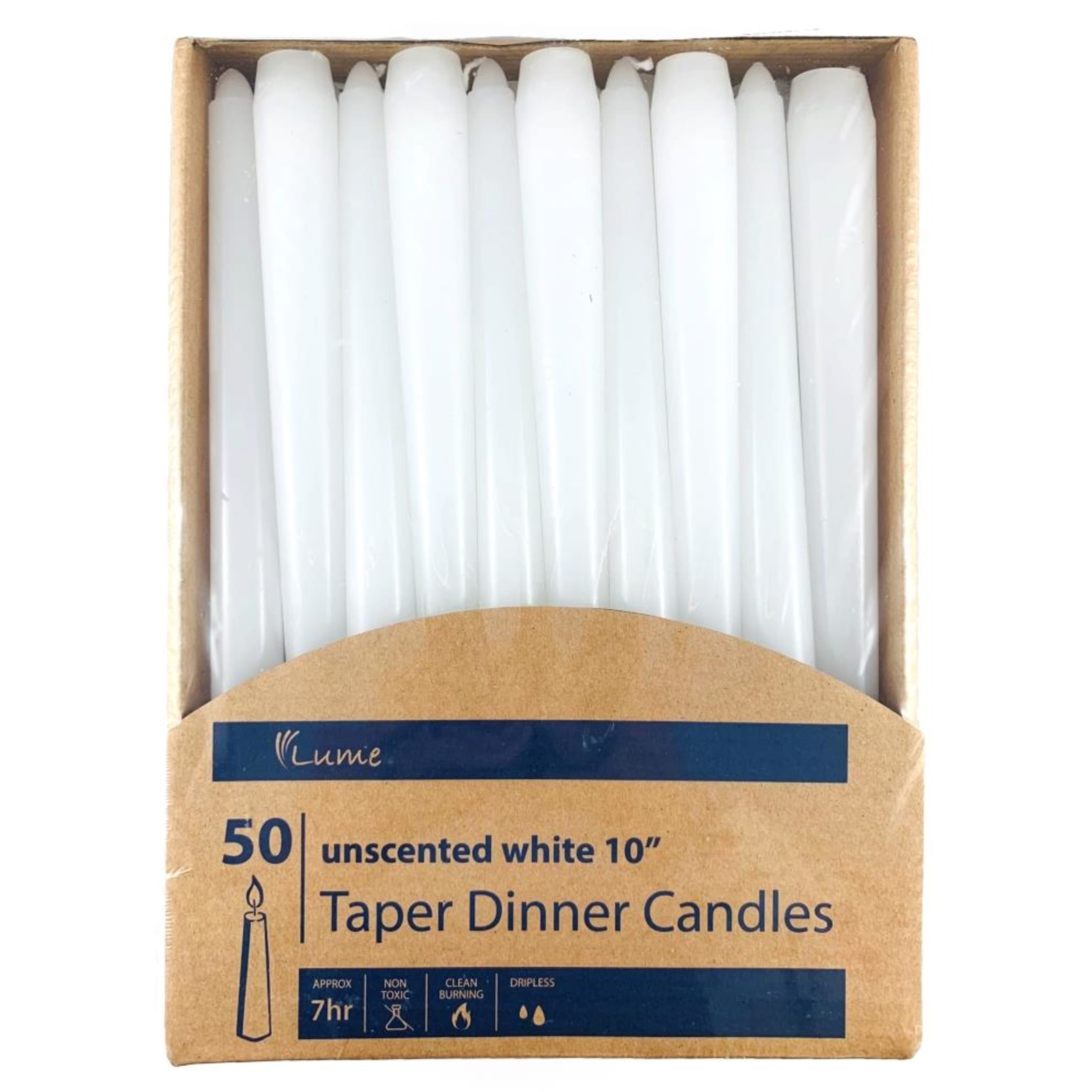 Lume Taper Dinner Candles White 250x20mm (50 Pack)