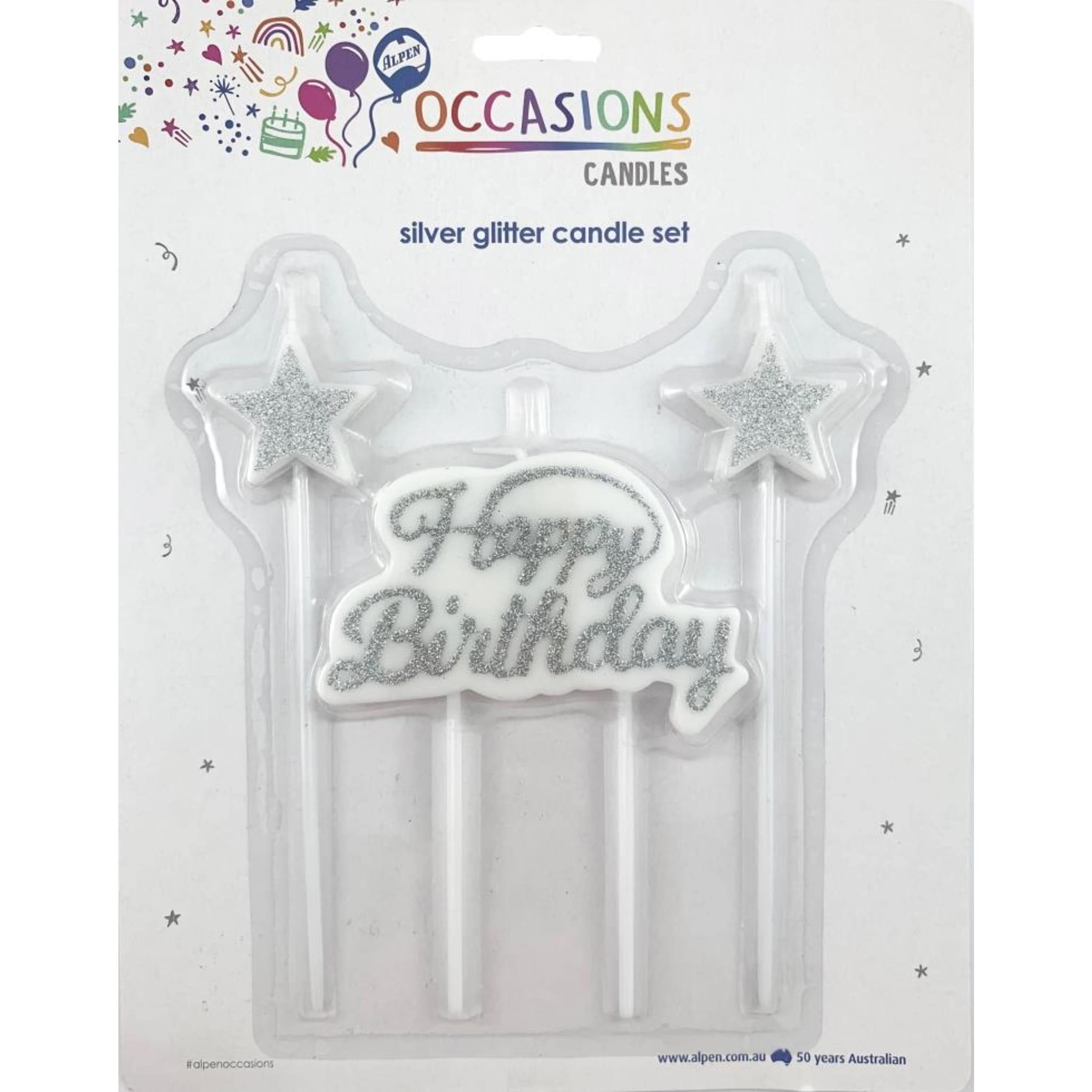 Occasions Happy Birthday Candle Plaque with Stars Glitter Silver 1 Set