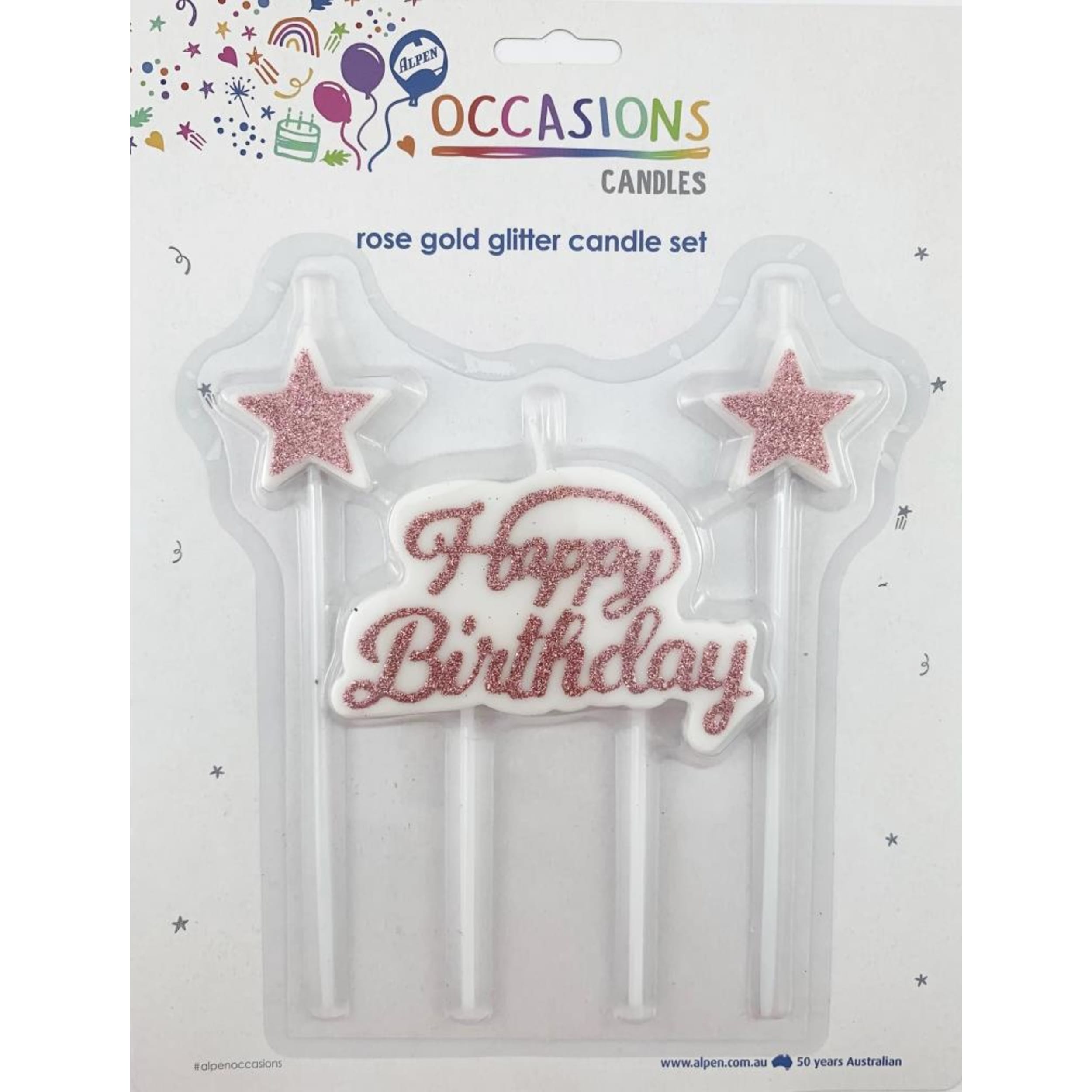 Occasions Happy Birthday Candle Plaque with Stars Gliter Rosegold 1 Set