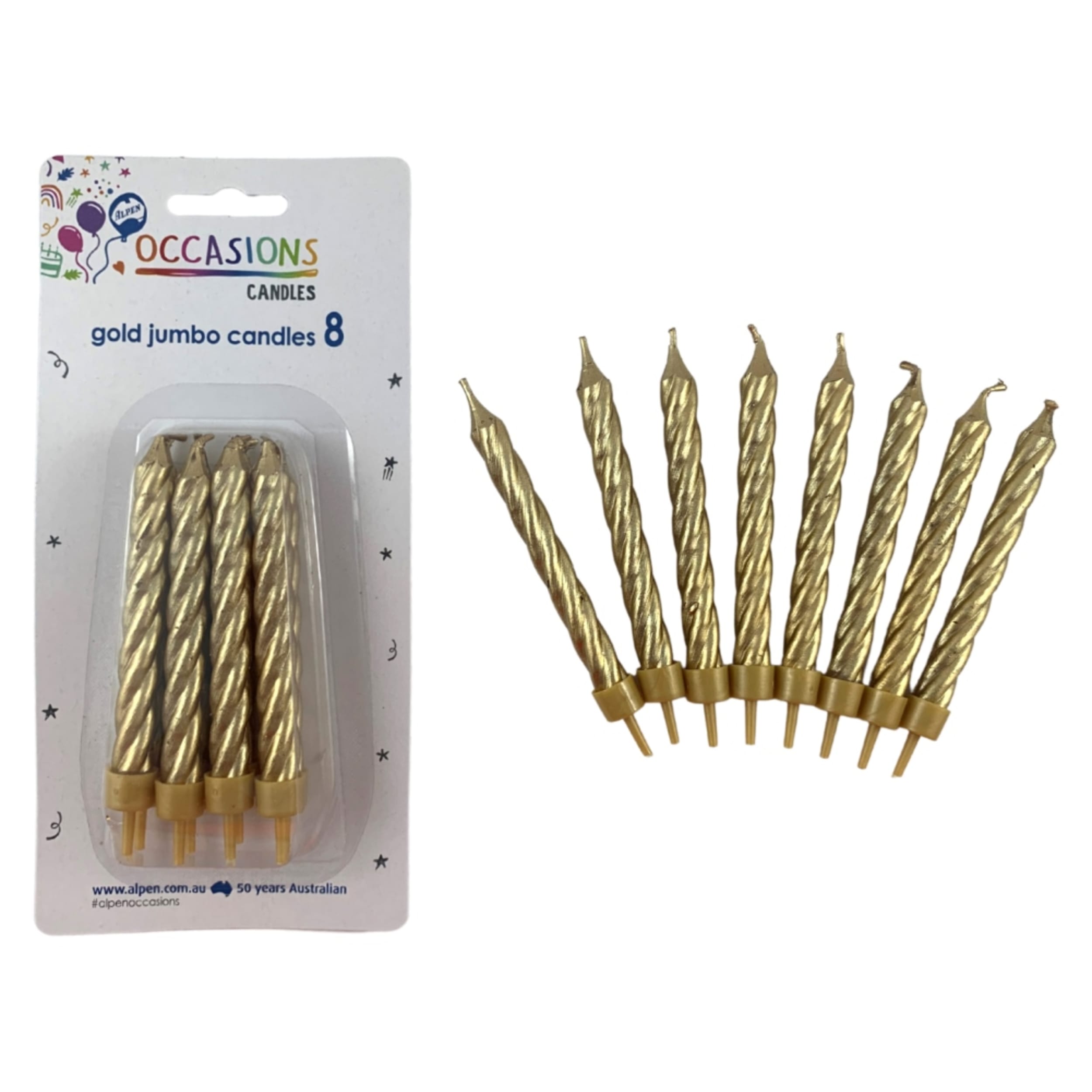 Occasions Birthday Candles Jumbo Spiral Gold (8 Pack)