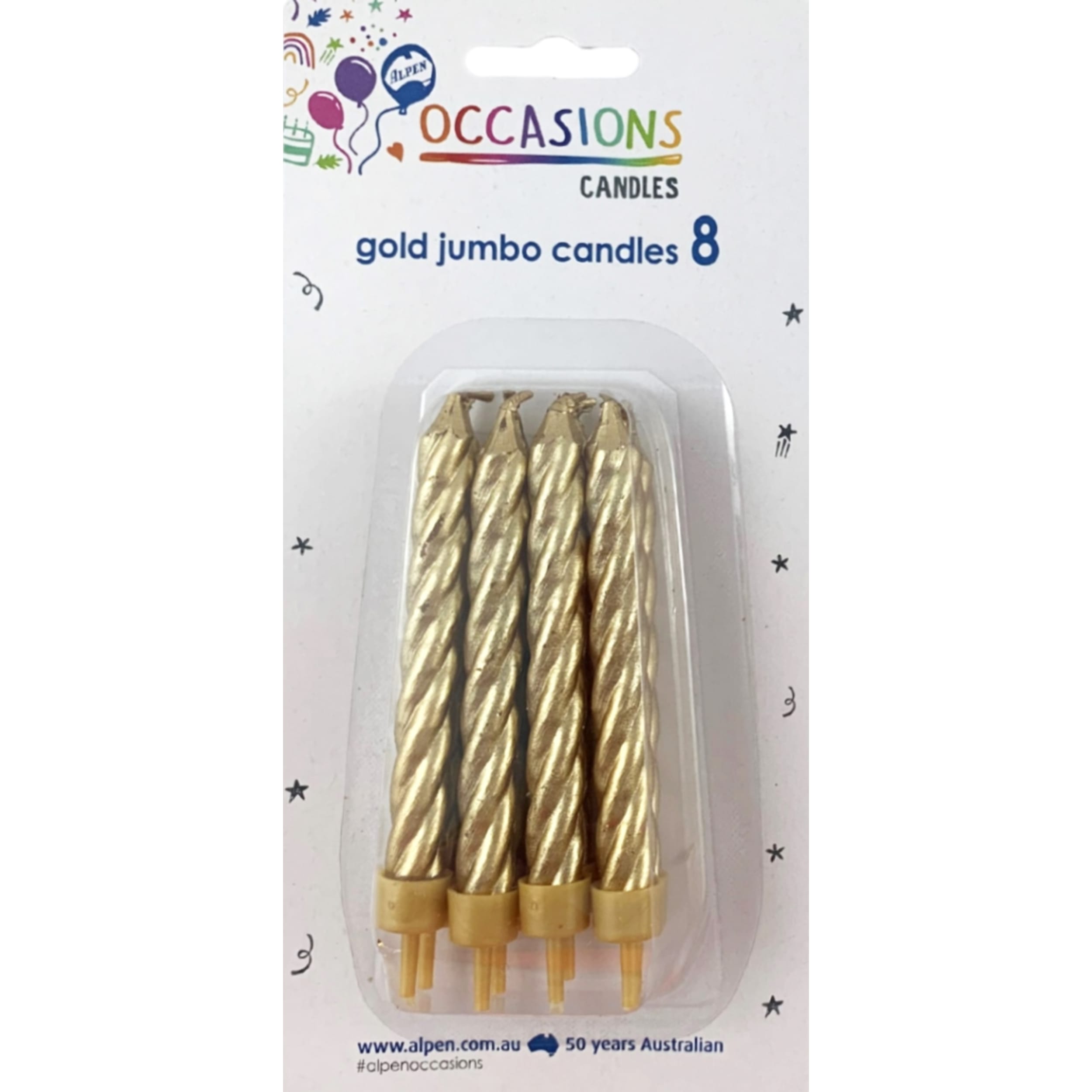Occasions Birthday Candles Jumbo Spiral Gold (8 Pack)