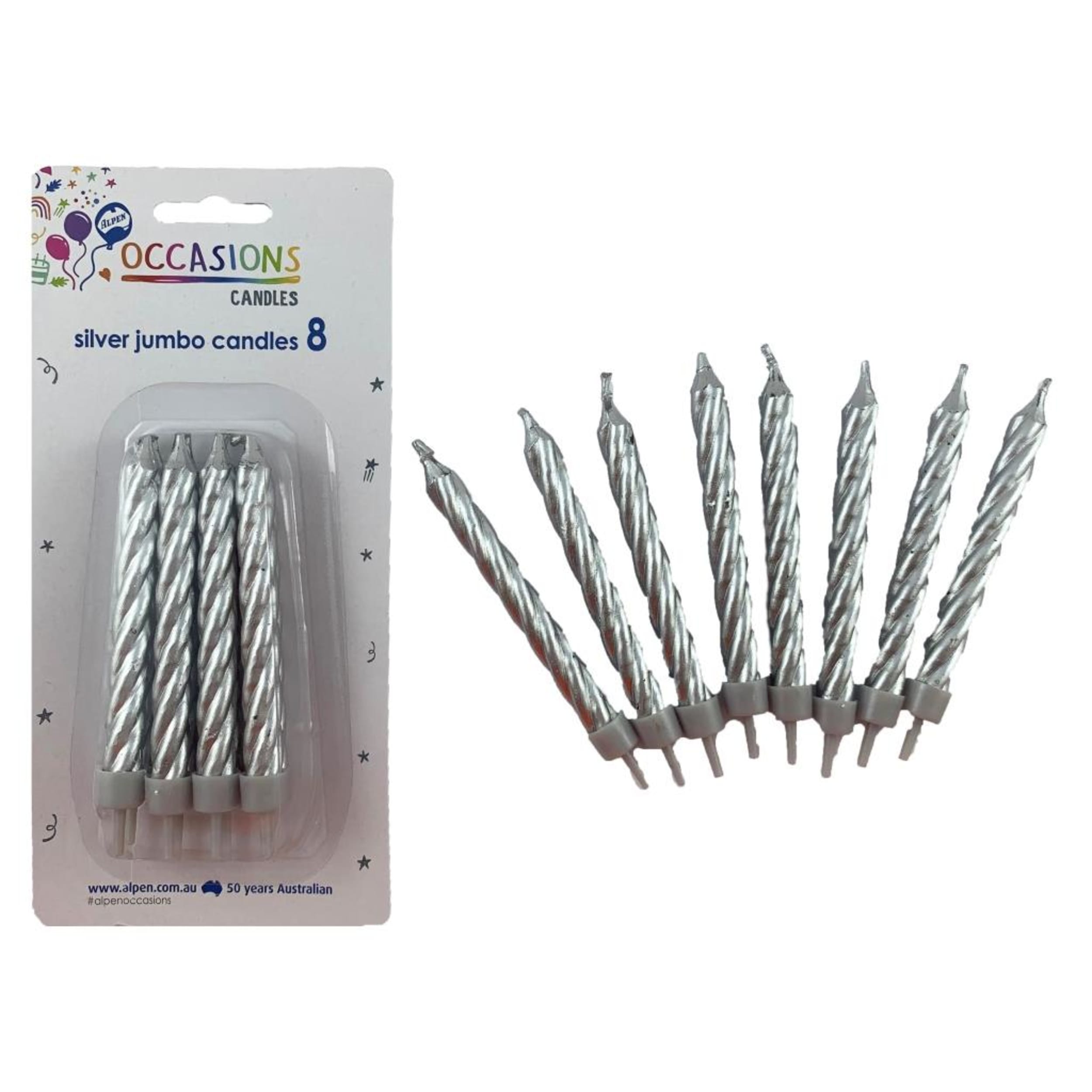 Occasions Birthday Candles Jumbo Spiral Silver (8 Pack)