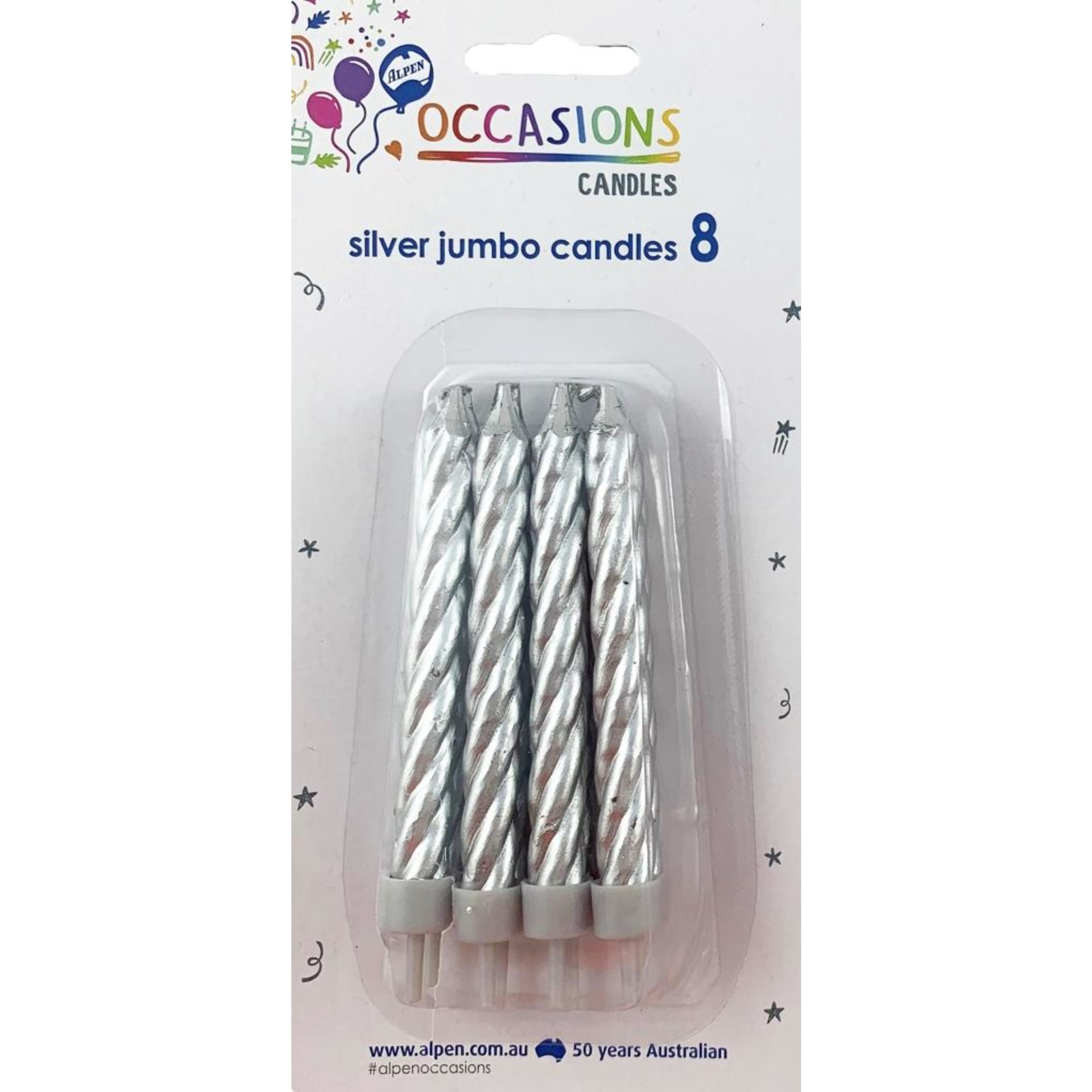 Occasions Birthday Candles Jumbo Spiral Silver (8 Pack)