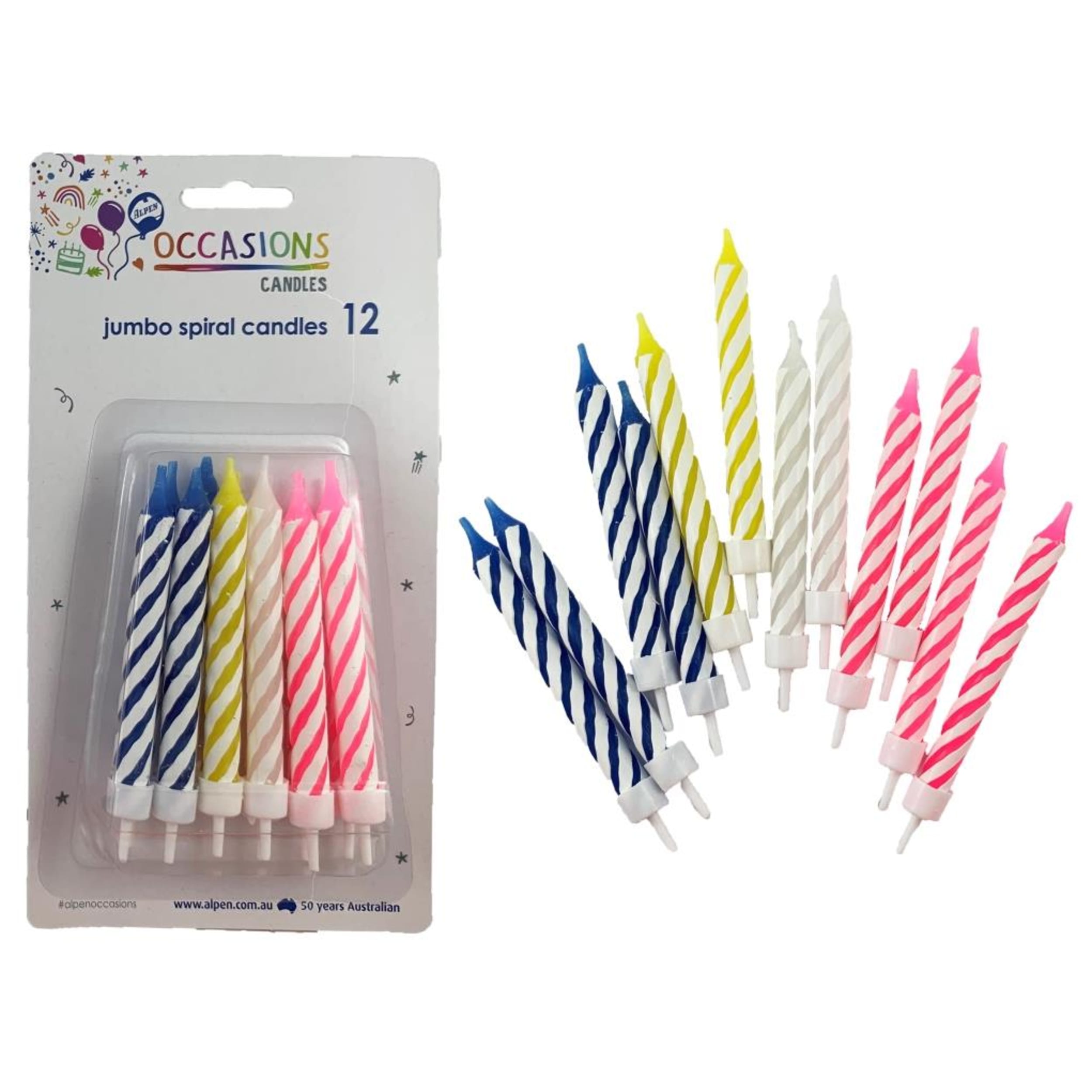 Occasions Birthday Candles Jumbo Spiral with holders (12 Pack)