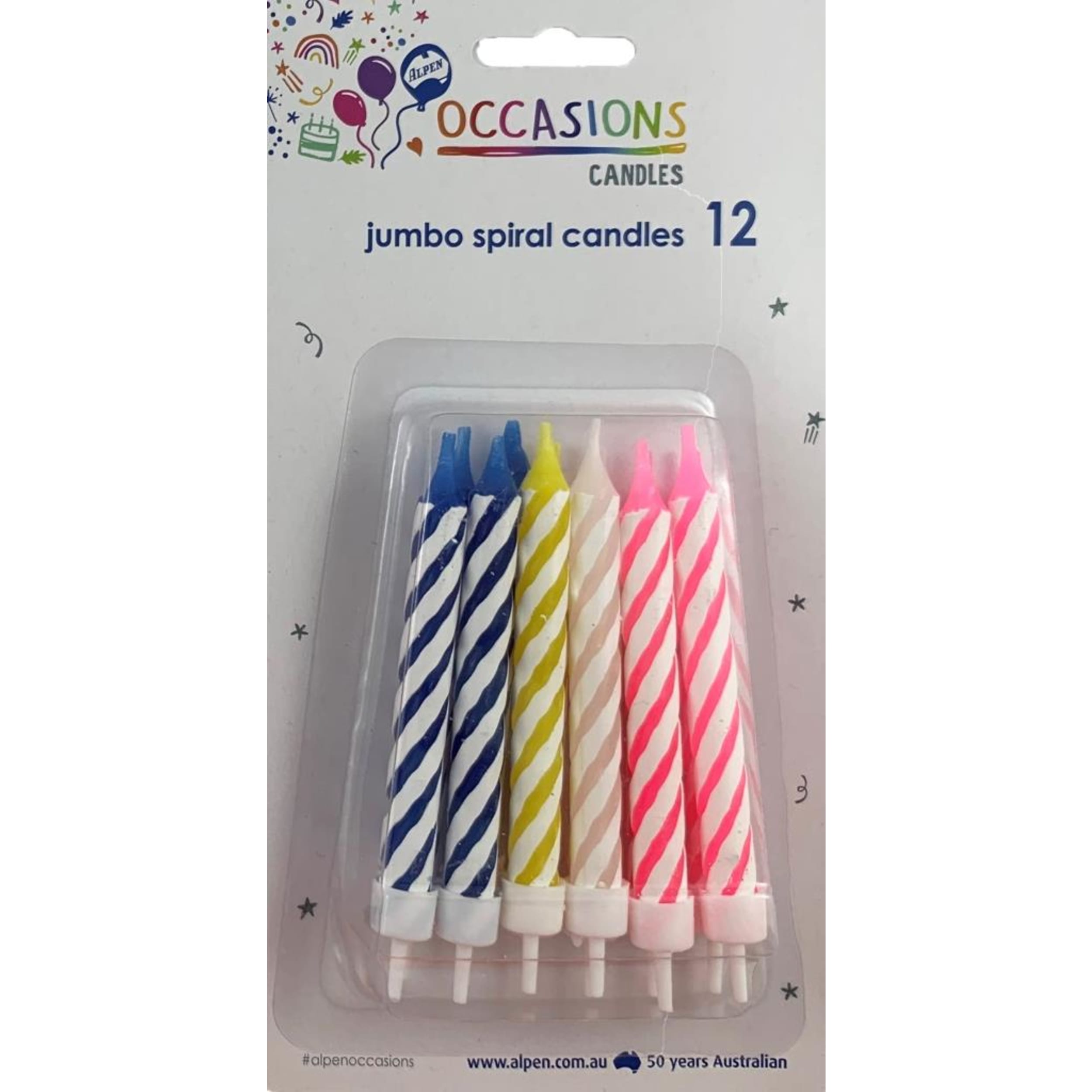 Occasions Birthday Candles Jumbo Spiral with holders (12 Pack)