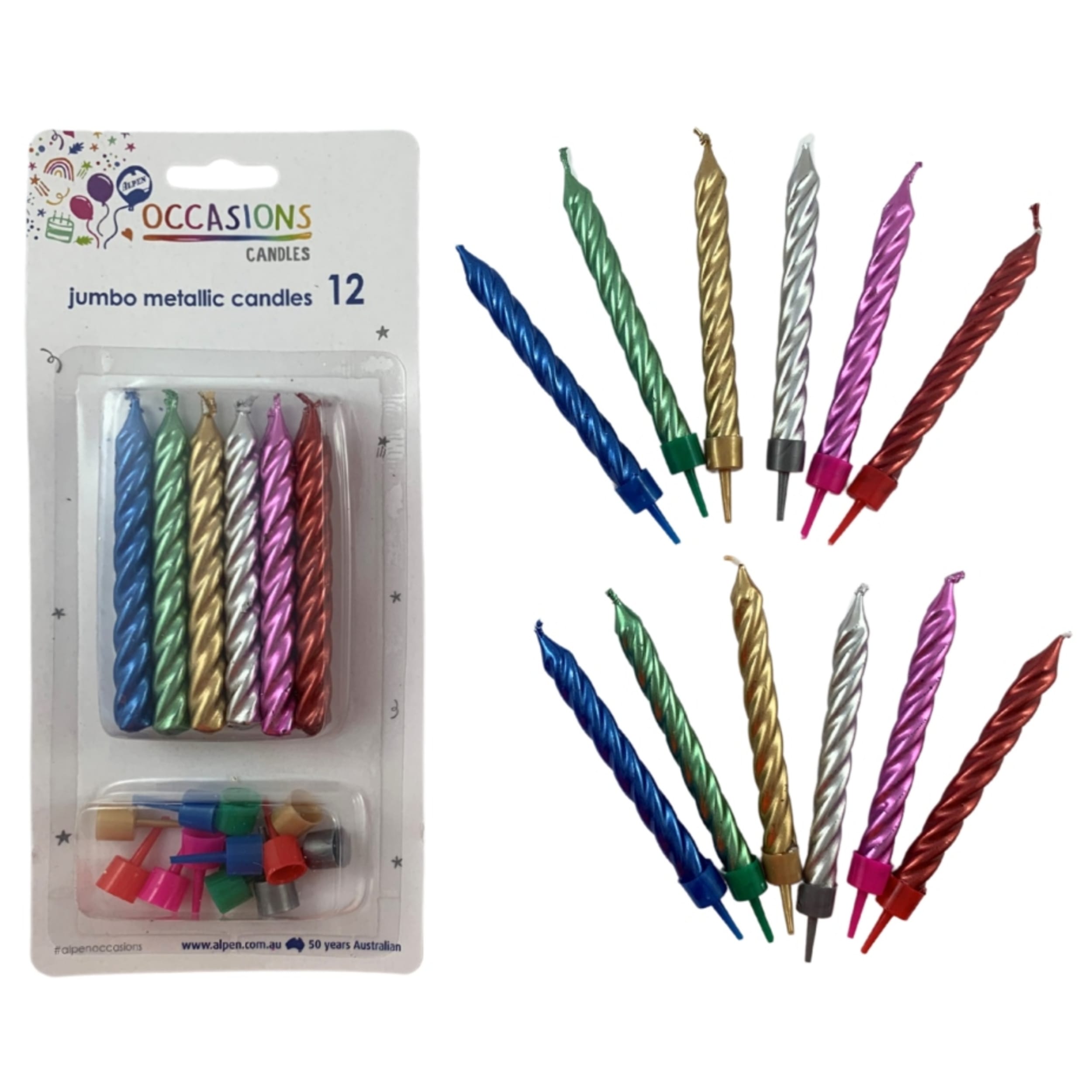 Occasions Metallic Candles Jumbo Spiral with holders (12 Pack)