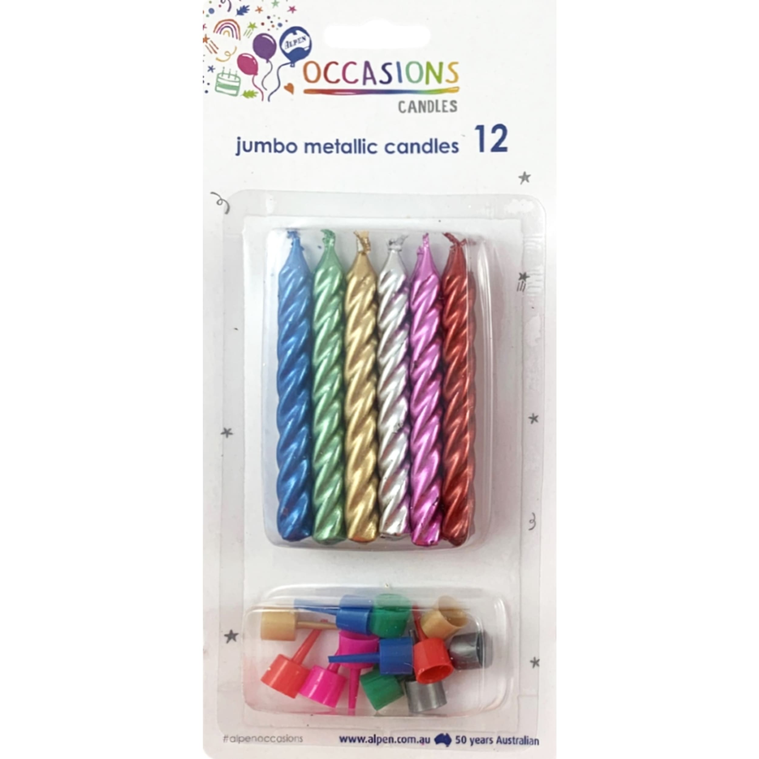 Occasions Metallic Candles Jumbo Spiral with holders (12 Pack)