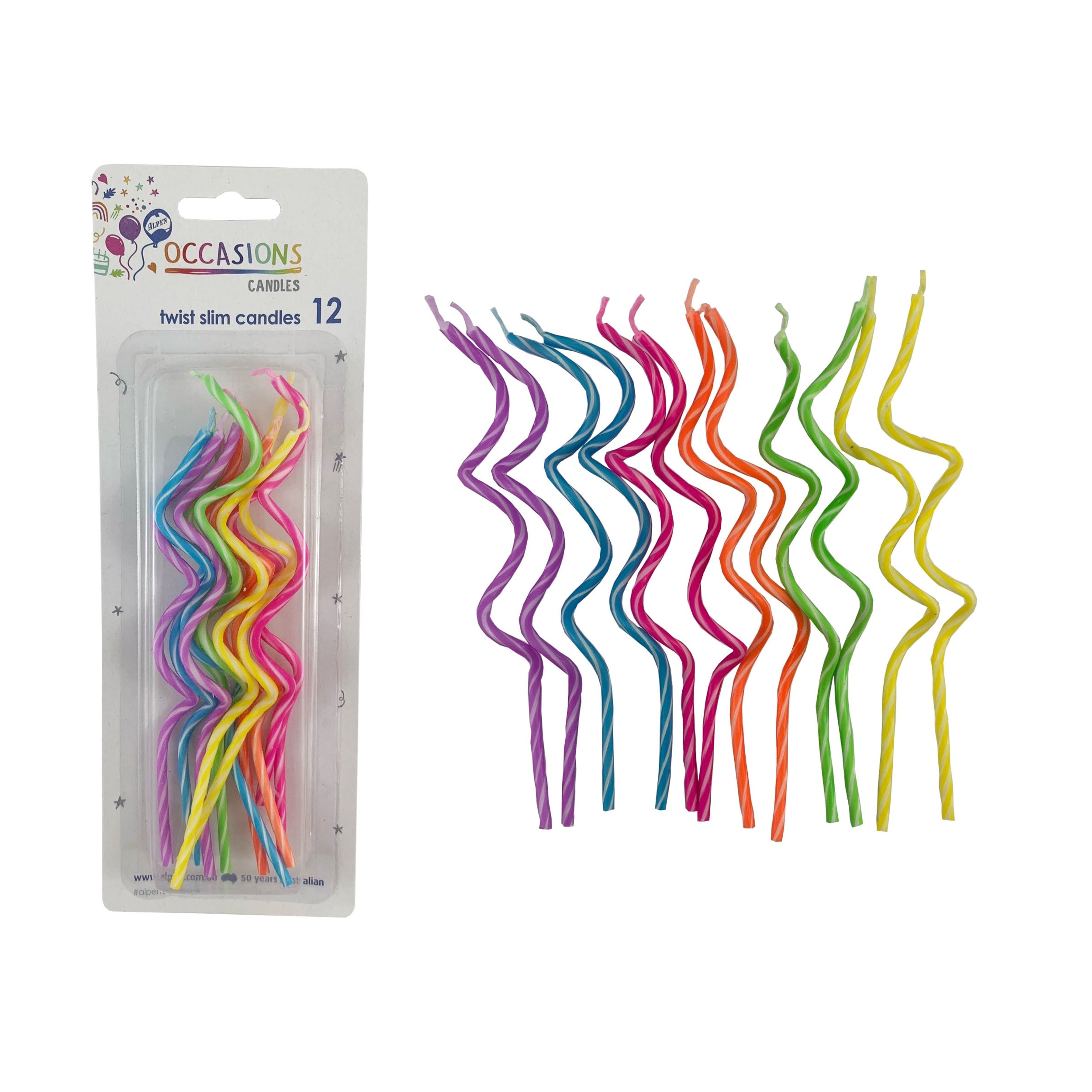 Occasions Twisted Spiral Slims Candles Brights (12 Pack)