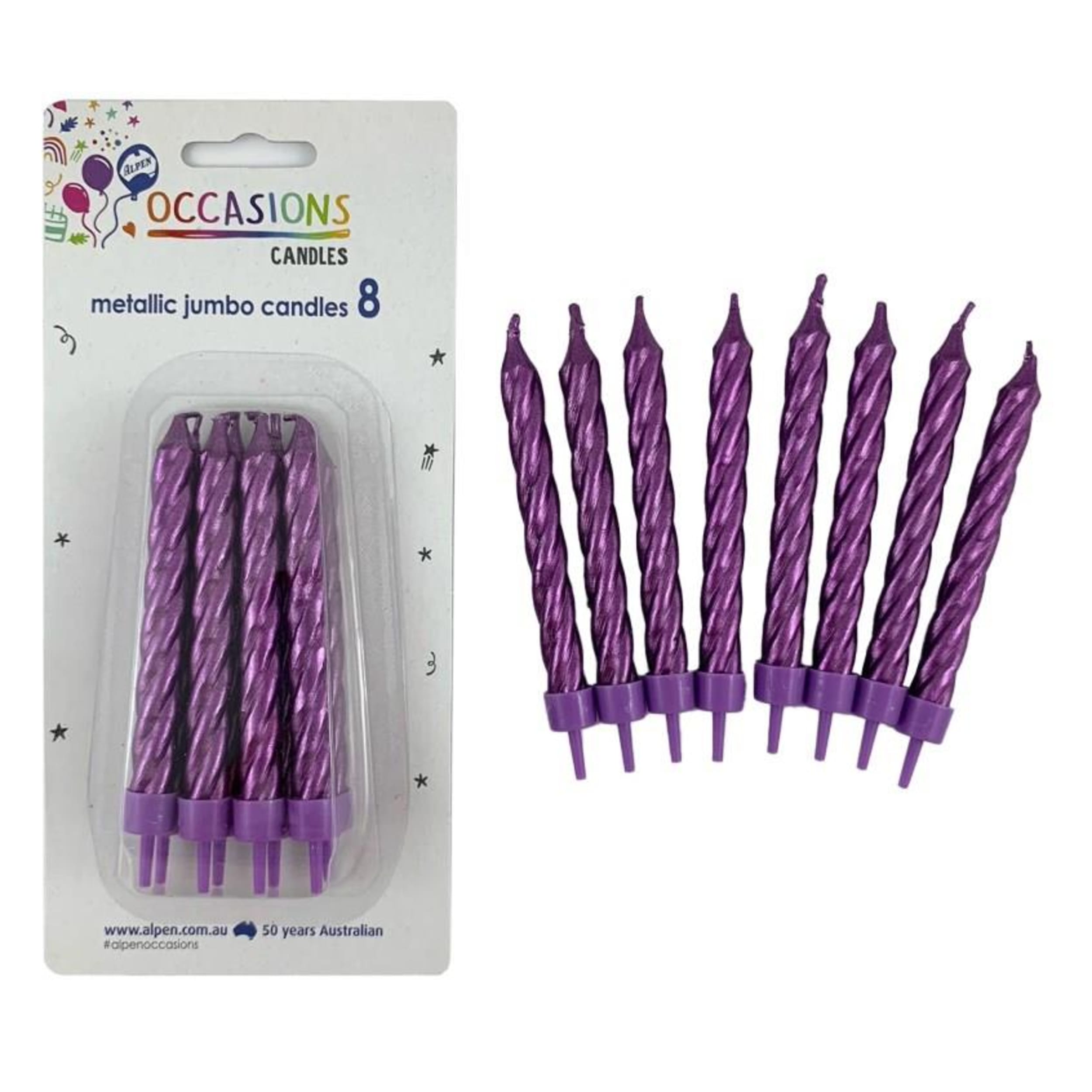 Occasions Metallic Purple Jumbo Candles with holders (8 Pack)