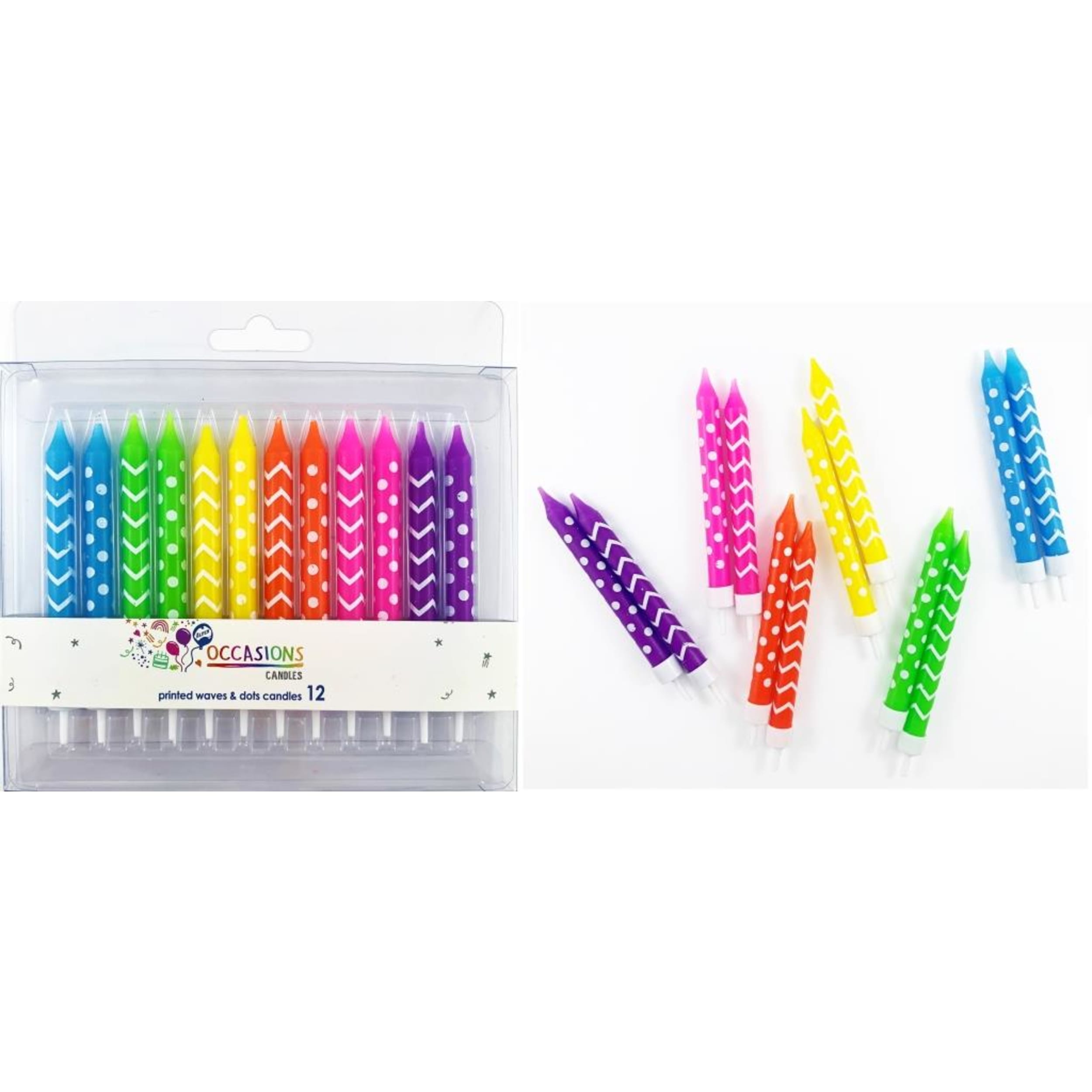 Occasions Printed Waves & Dots Candles with Holders (12 Pack)