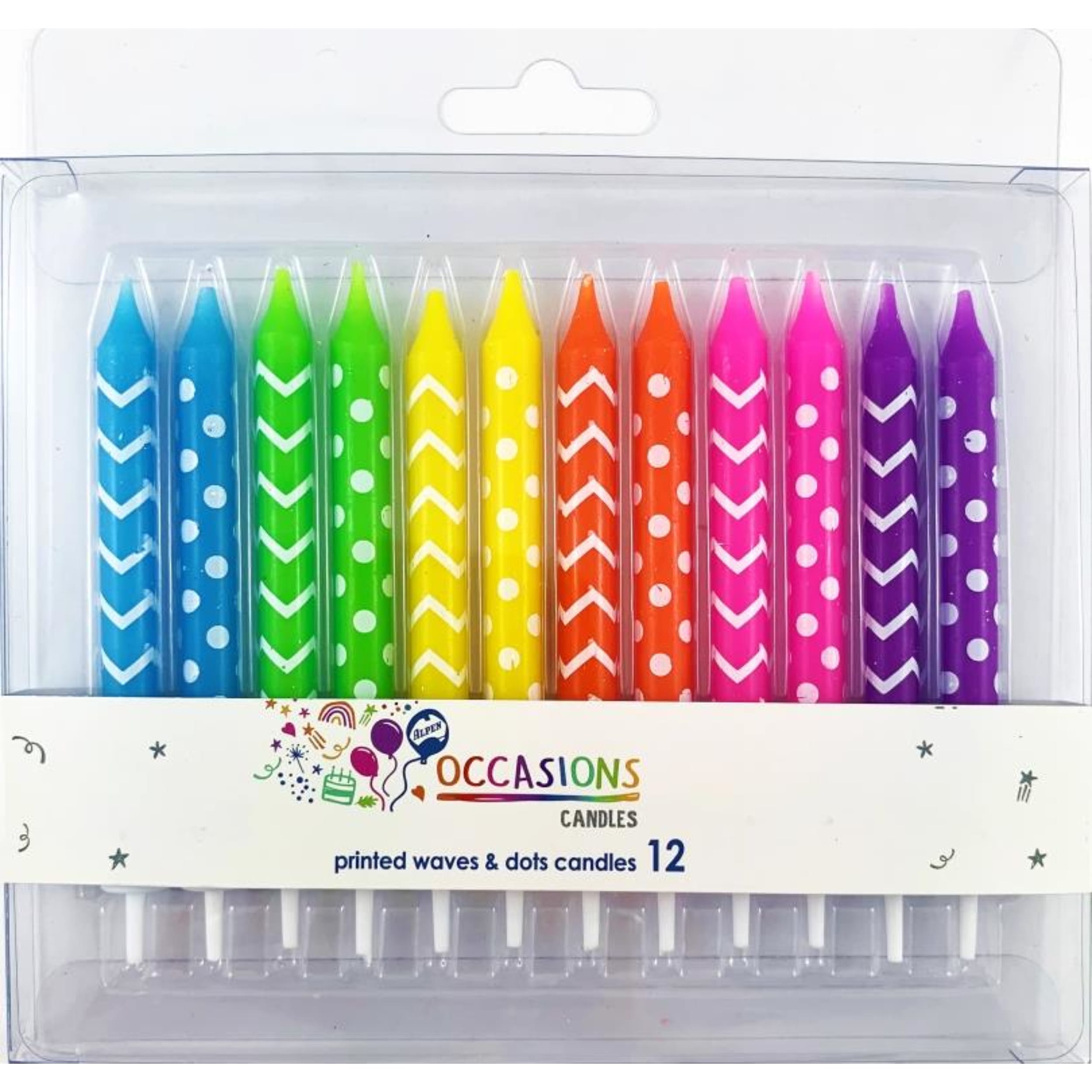 Occasions Printed Waves & Dots Candles with Holders (12 Pack)