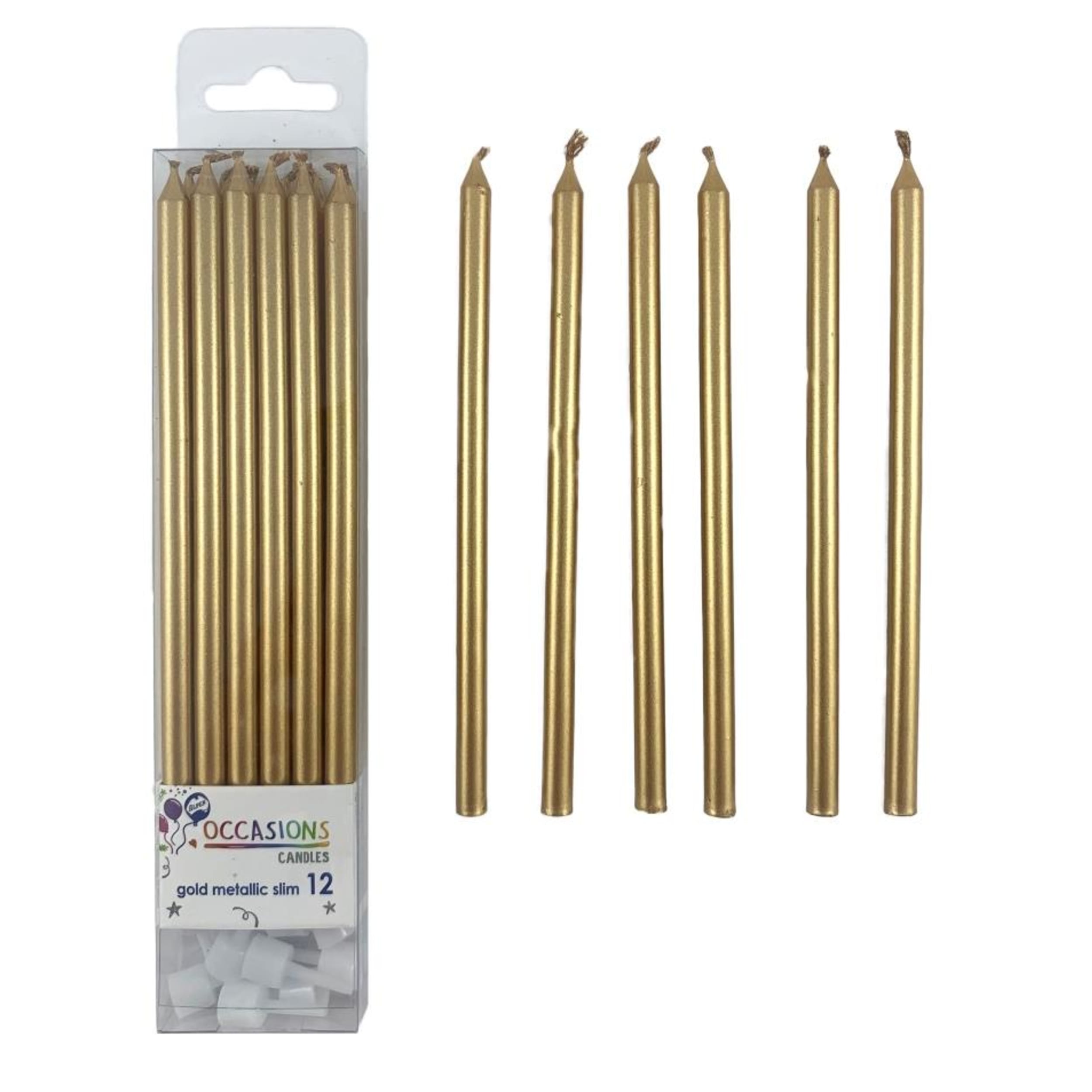 Occasions Gold Metallic Slim Candles 120mm with Holders (12 Pack)