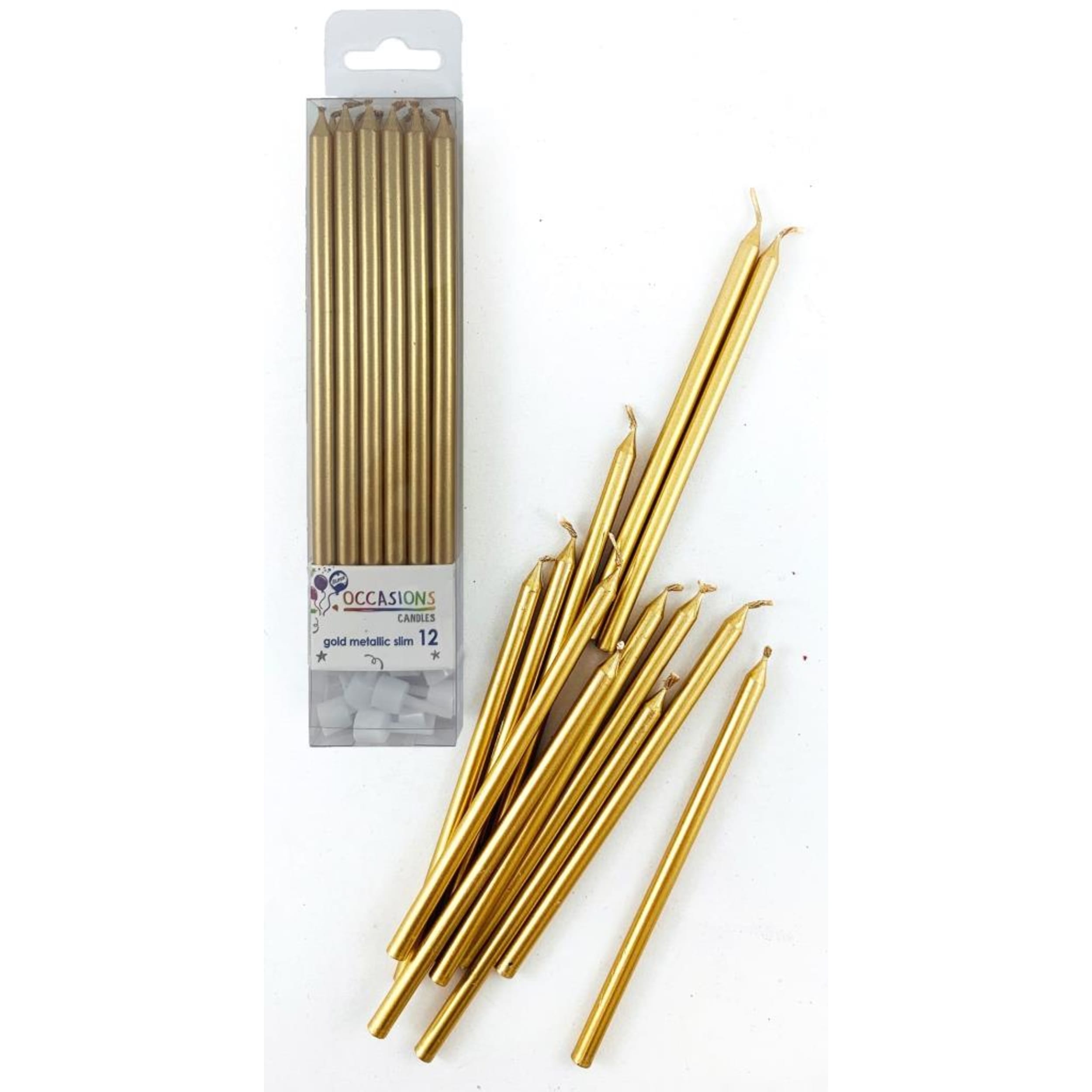 Occasions Gold Metallic Slim Candles 120mm with Holders (12 Pack)
