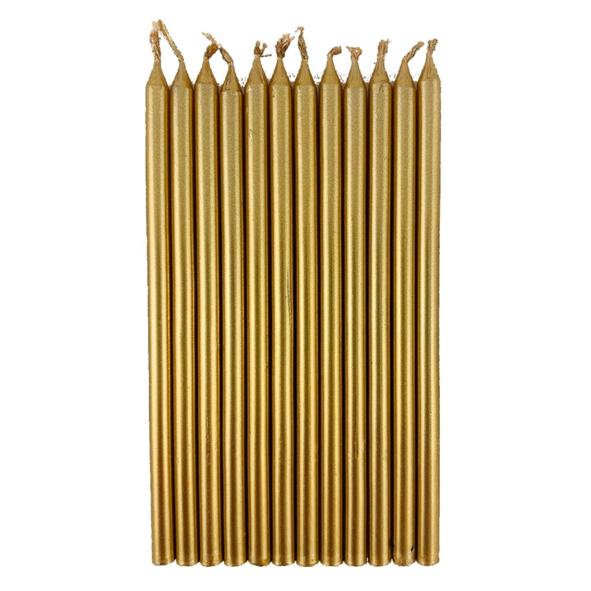 Occasions Gold Metallic Slim Candles 120mm with Holders (12 Pack)