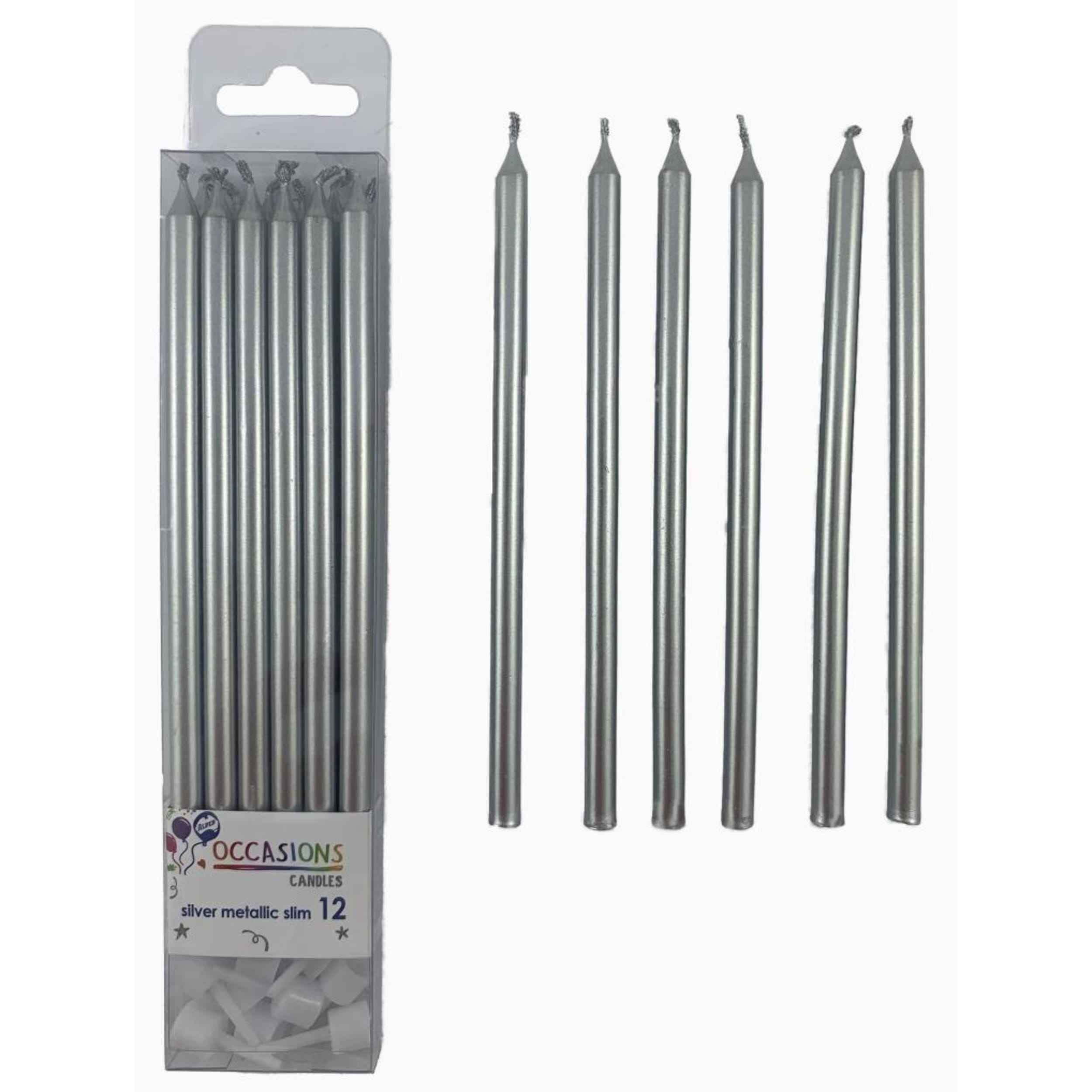 Occasions Silver Metallic Slim Candles 120mm with Holders (12 Pack)