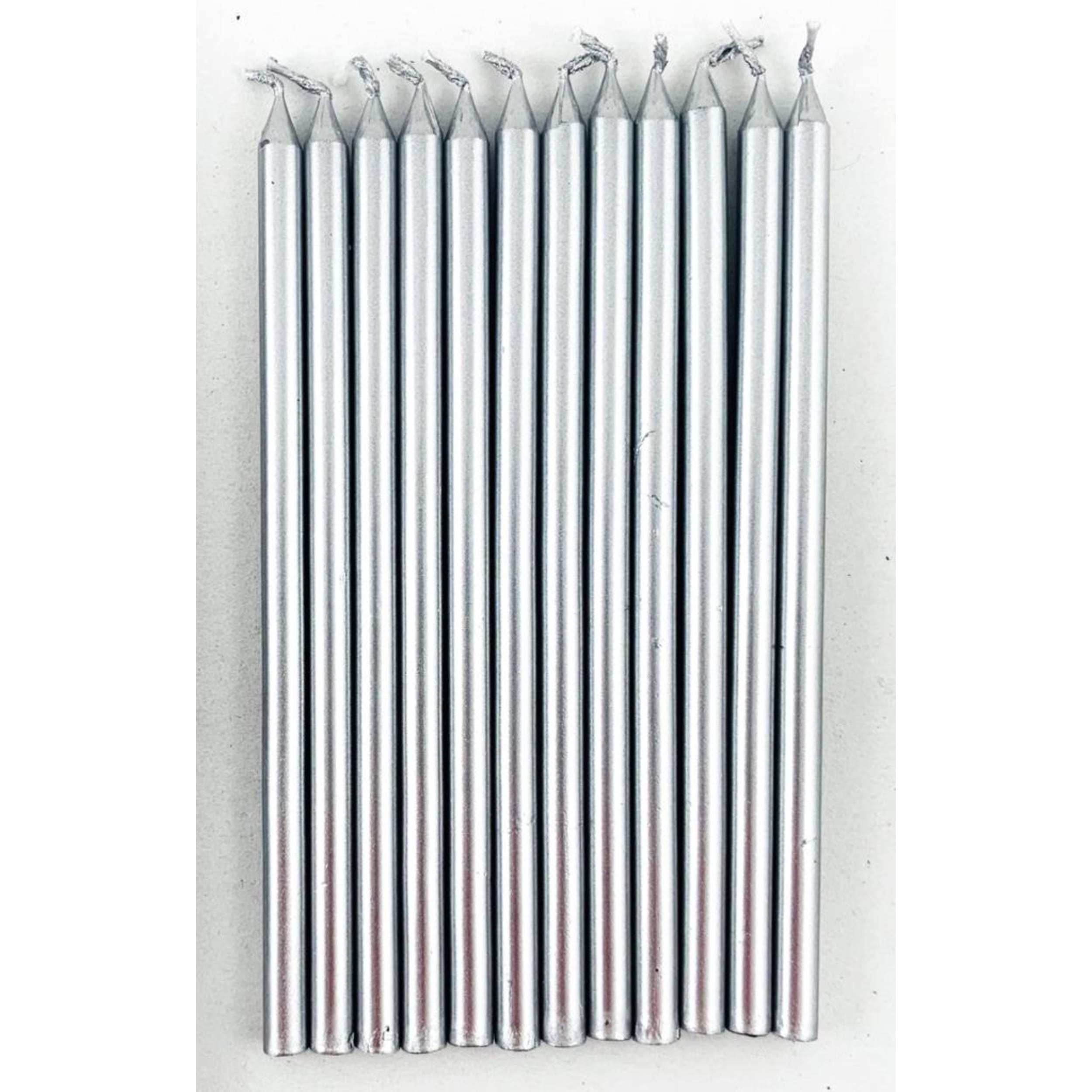Occasions Silver Metallic Slim Candles 120mm with Holders (12 Pack)