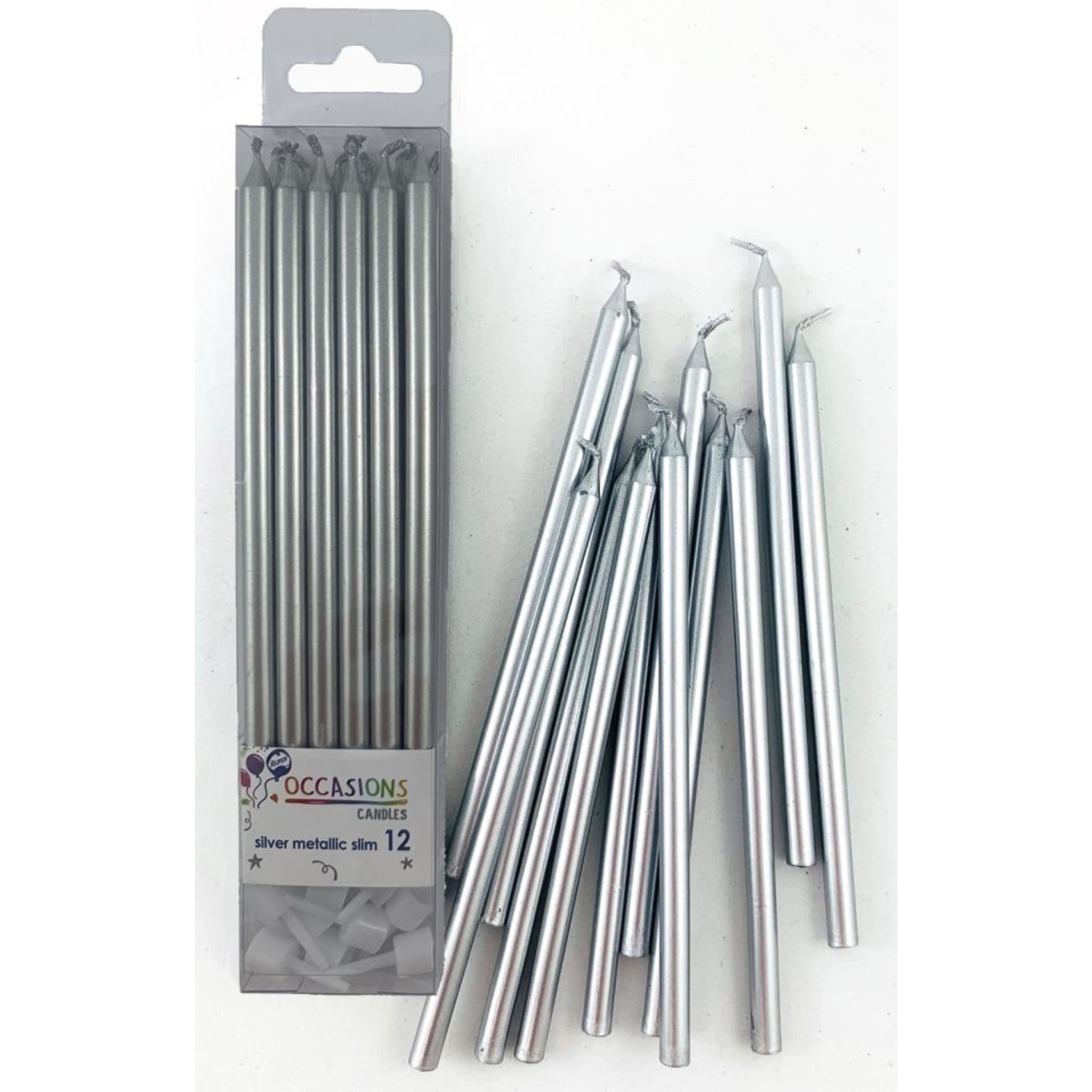 Occasions Silver Metallic Slim Candles 120mm with Holders (12 Pack)