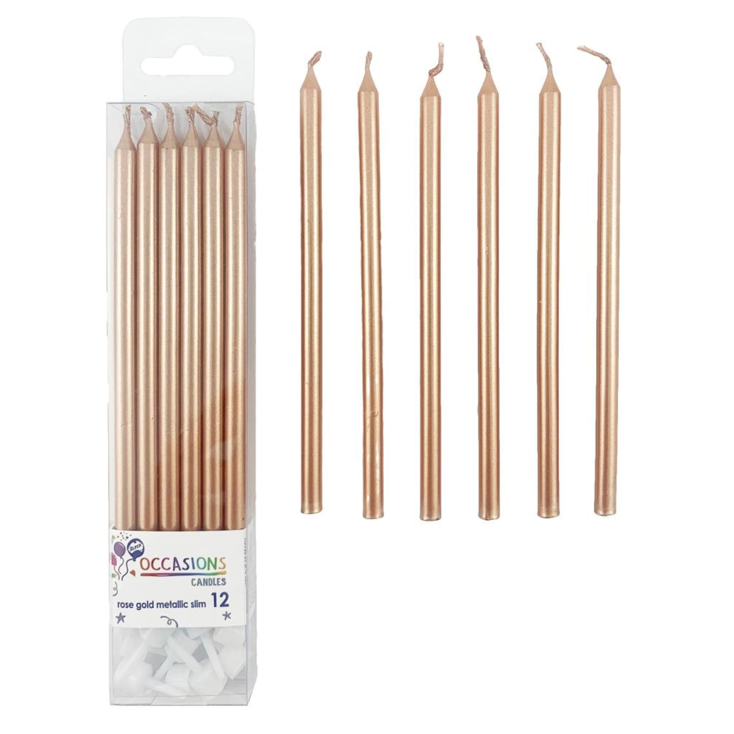 Occasions Rose Gold Metallic Slim Candles 120mm with Holders (12 Pack)