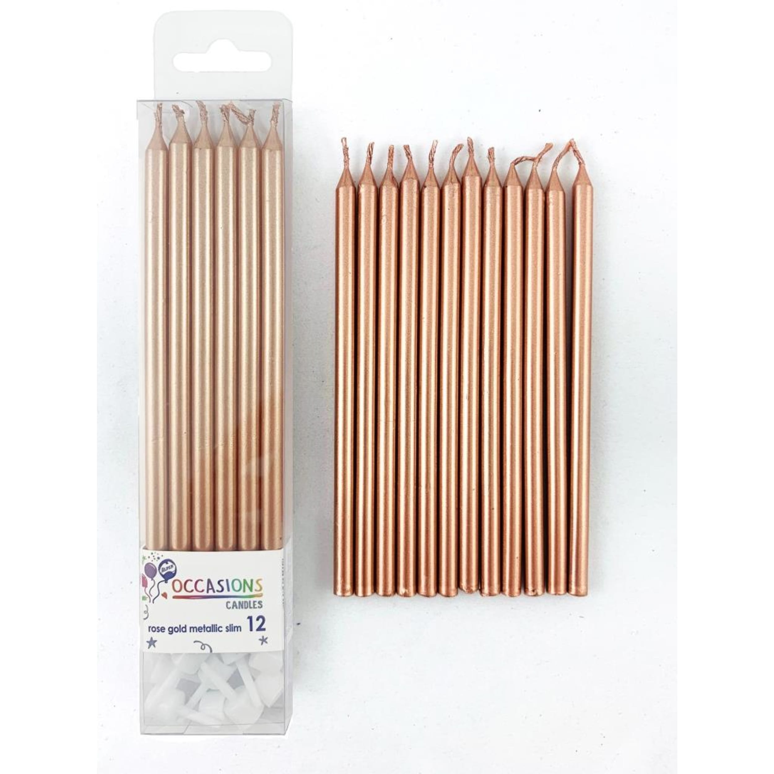 Occasions Rose Gold Metallic Slim Candles 120mm with Holders (12 Pack)