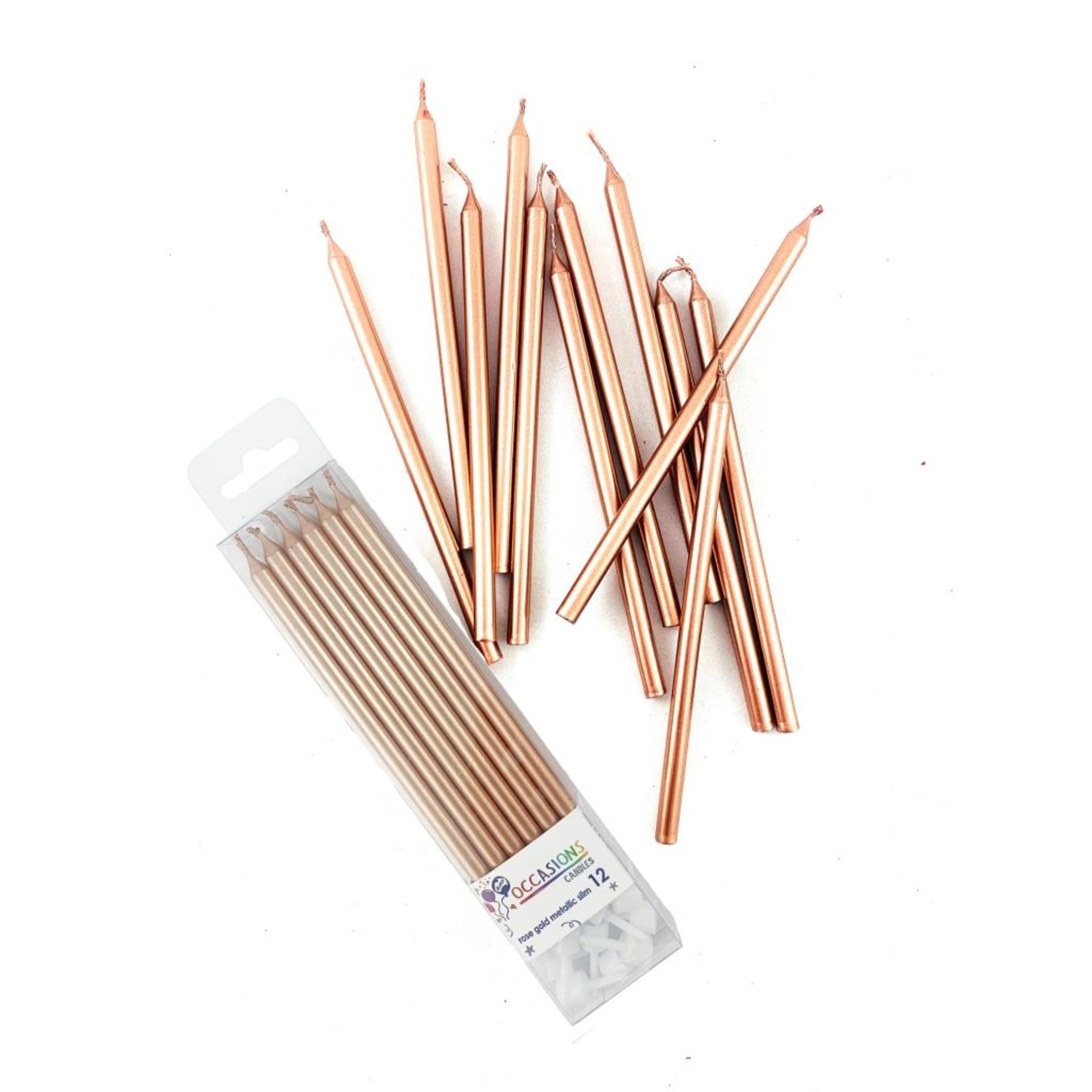 Occasions Rose Gold Metallic Slim Candles 120mm with Holders (12 Pack)