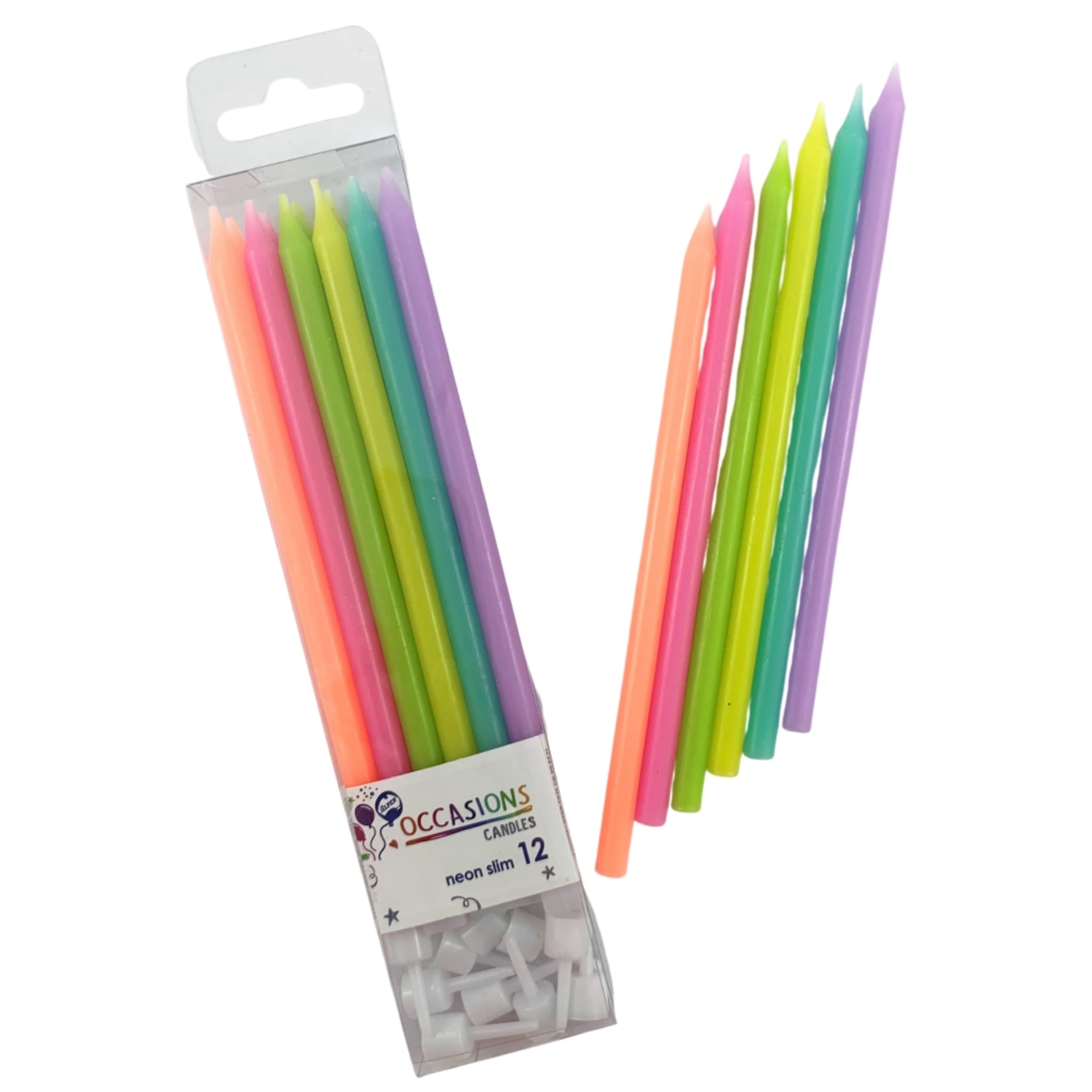 Occasions Neon Bright Slim Candles 120mm with Holders (12 Pack)