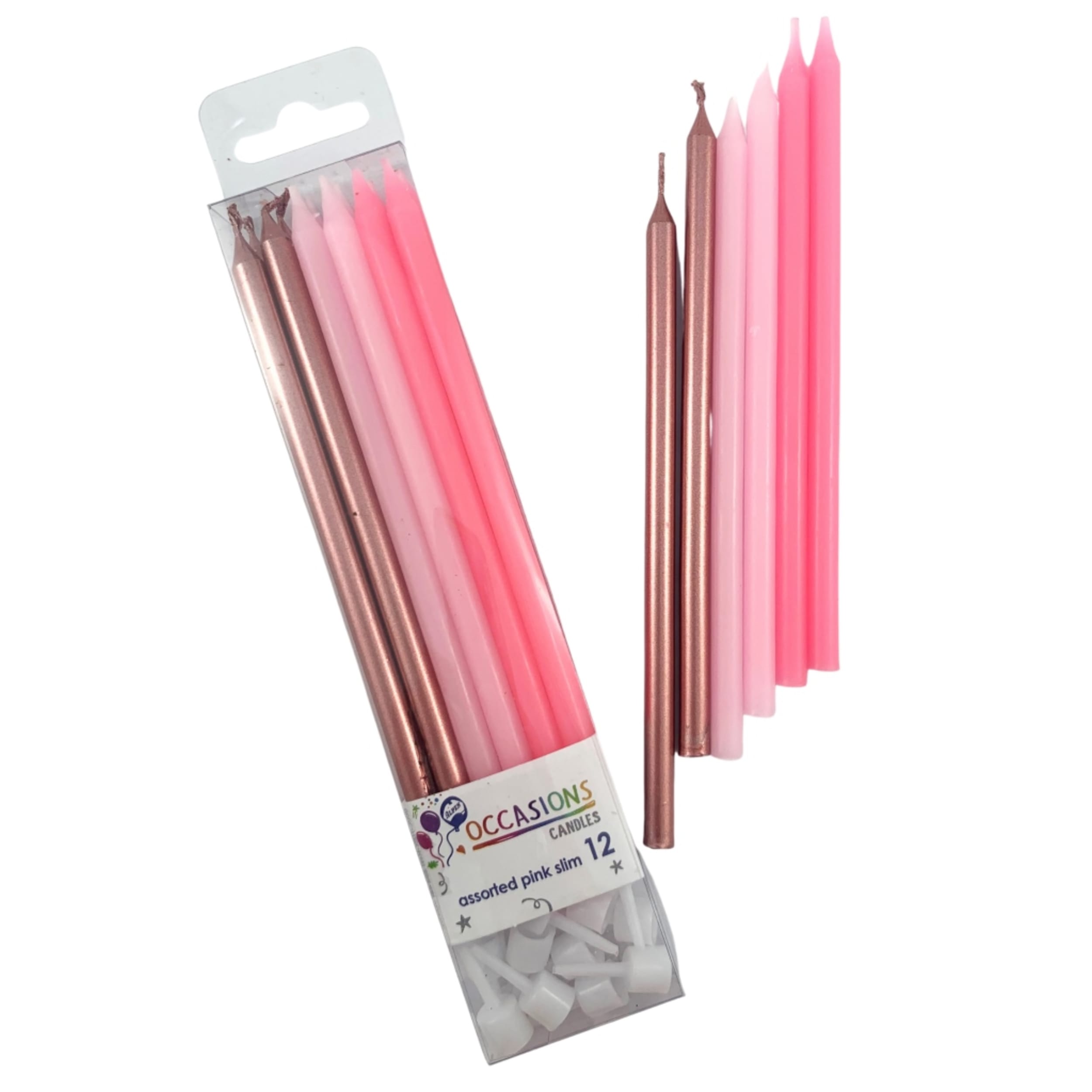 Occasions Pinks & Metallic Slim Candles 120mm with Holders (12 Pack)