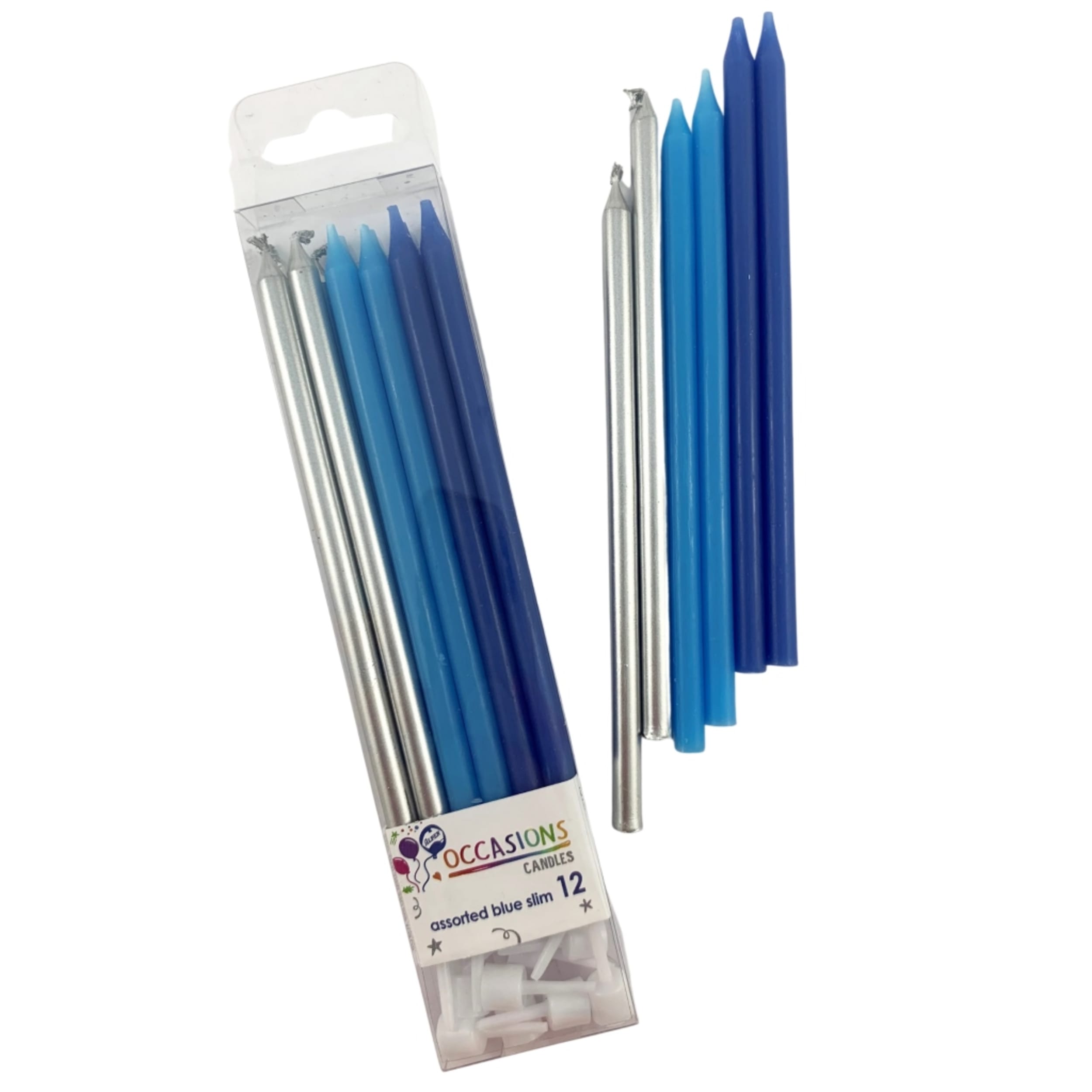 Occasions Blues & Metallic Slim Candles 120mm with Holders (12 Pack)